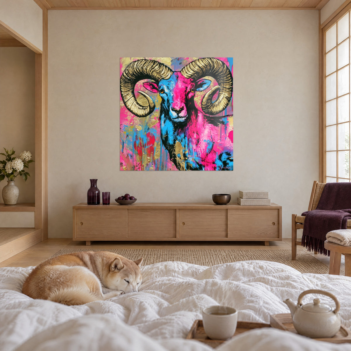 Gemälde Widderkopf in knalligem Rosa und Azurblau, goldene Schneckenhörner, mit einem liegenden Shiba, über einem Bett in einem hellen Schlafzimmer