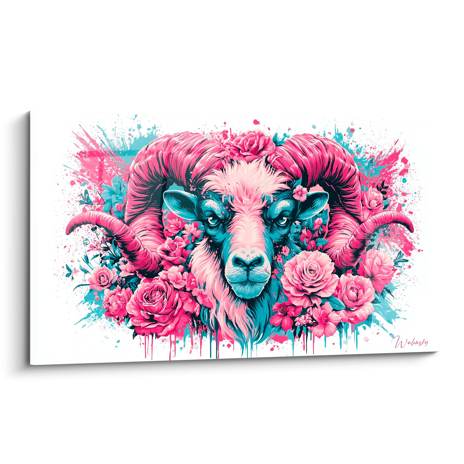 Bélier fuchsia et turquoise entouré de roses, cornes détaillées sur fond blanc éclaboussé