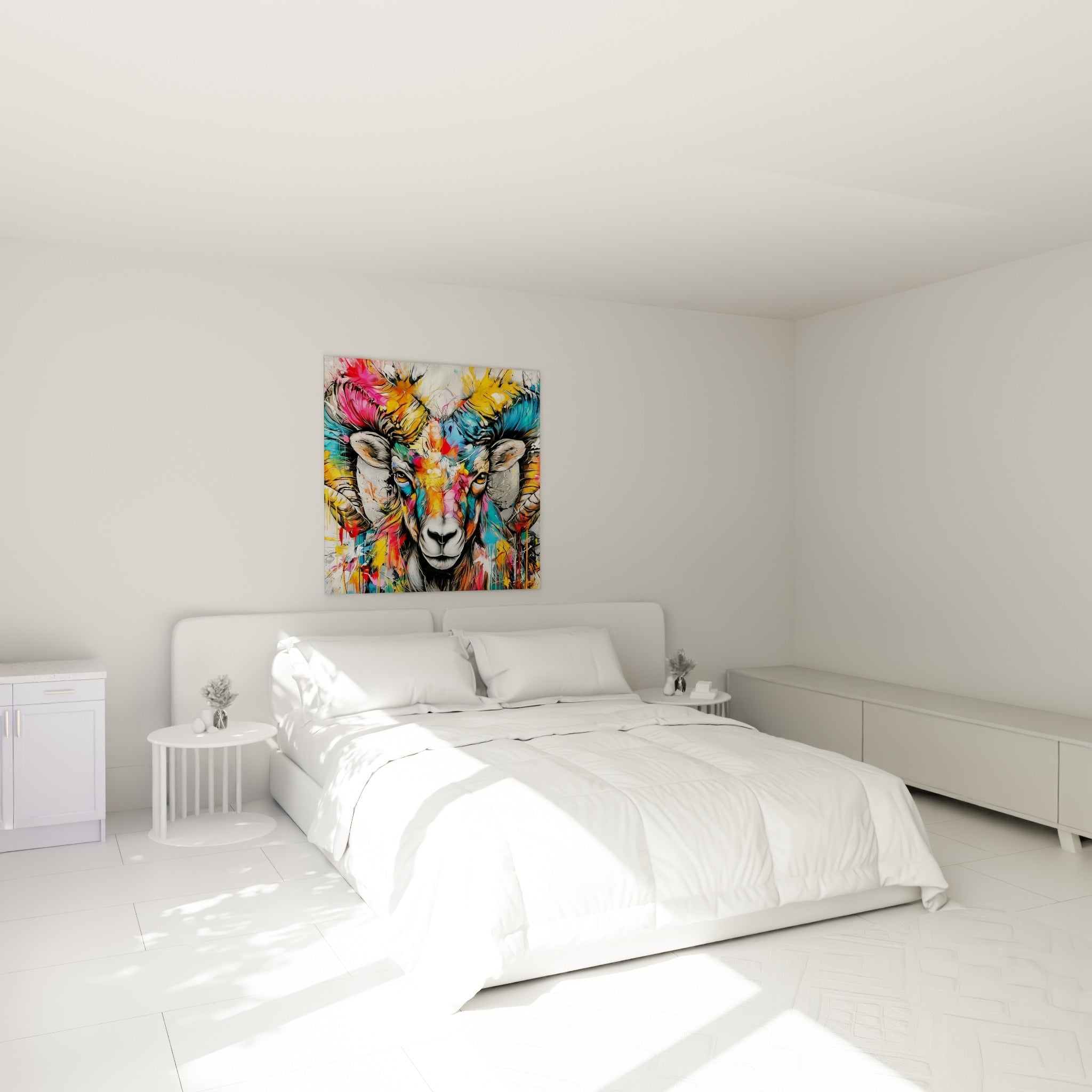 Cornes multicolores jaune et turquoise du Bélier accrochées au-dessus d'un lit dans une chambre claire