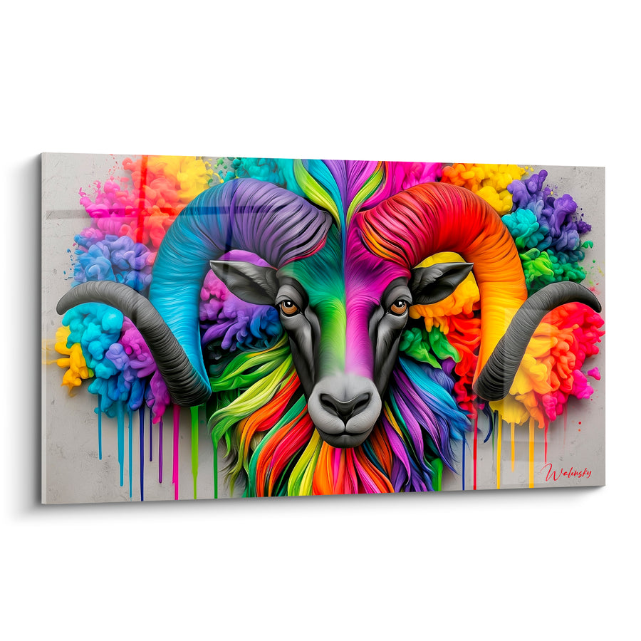 Tableau Bélier visage gris cornes multicolores nuages de fumée - Face masquée arc-en-ciel - Edition Bélier