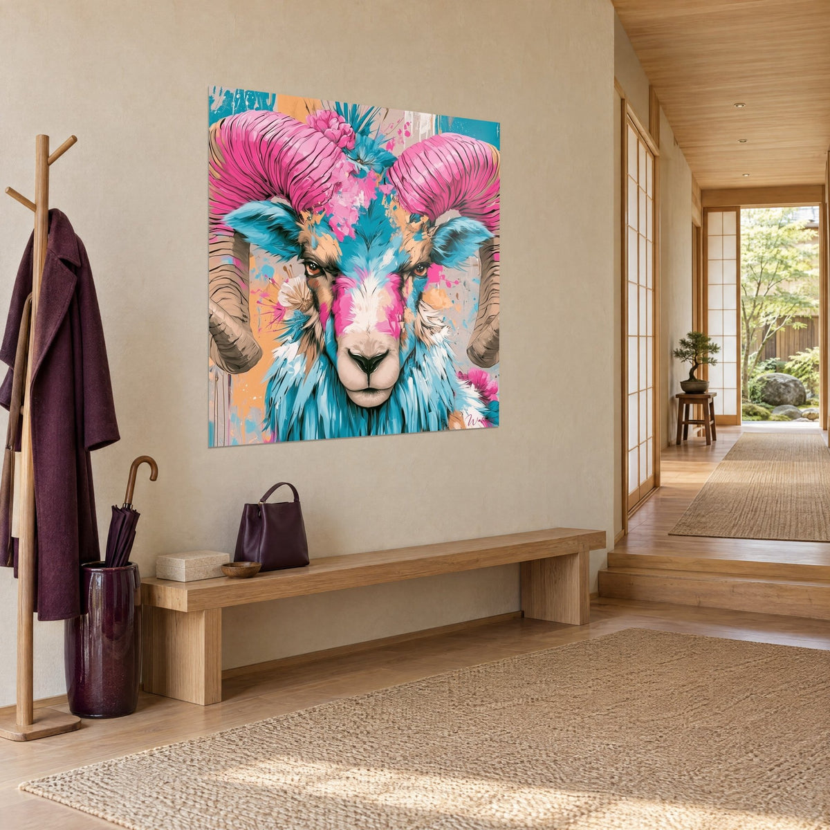 Tableau tête de mouflon fuchsia et bleu paon, regard ambré, éclats pêche, mur crème d'un couloir japandi en vue de trois-quarts