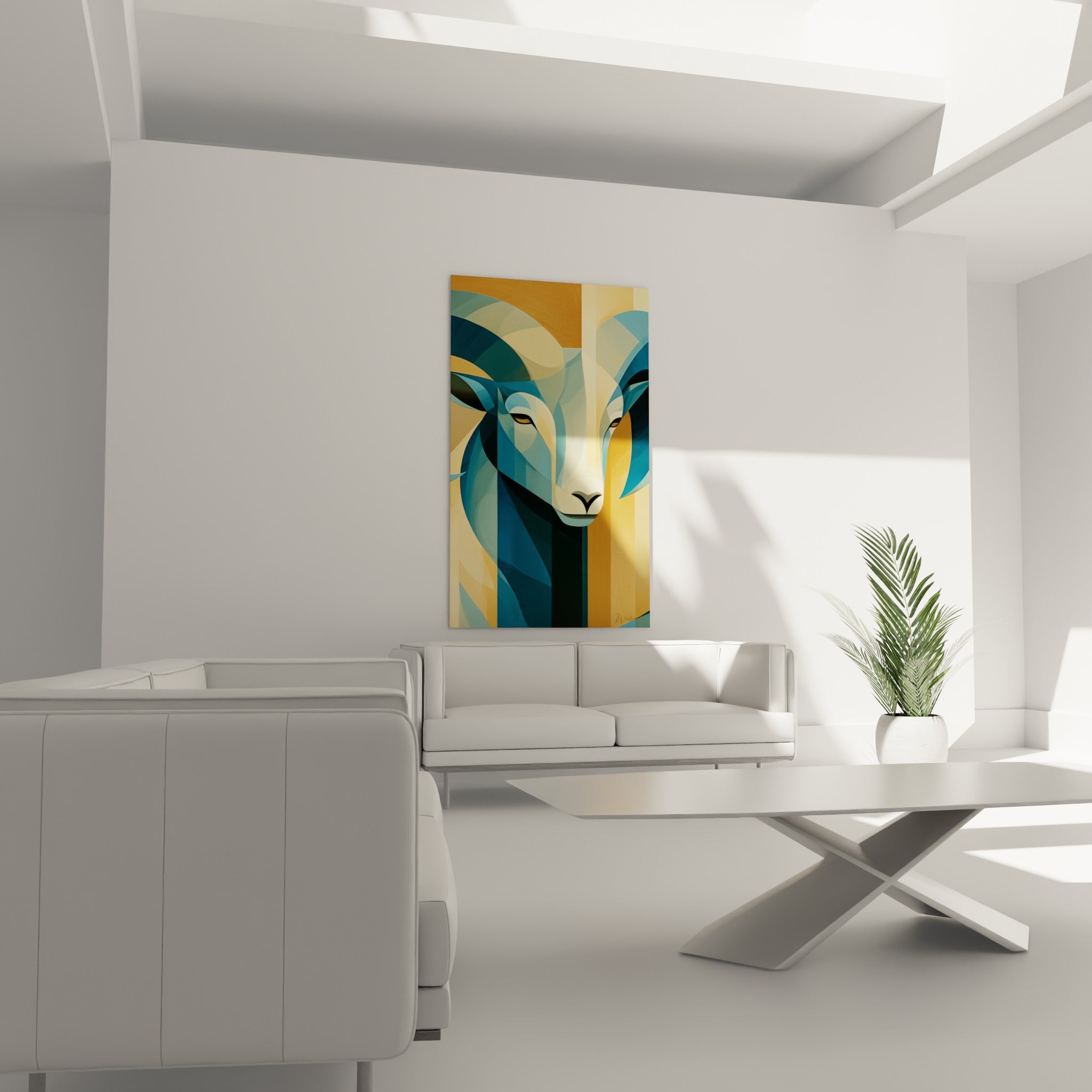 Visage géométrique du bélier en bleu et ocre, suspendu au-dessus d'un canapé dans un salon lumineux