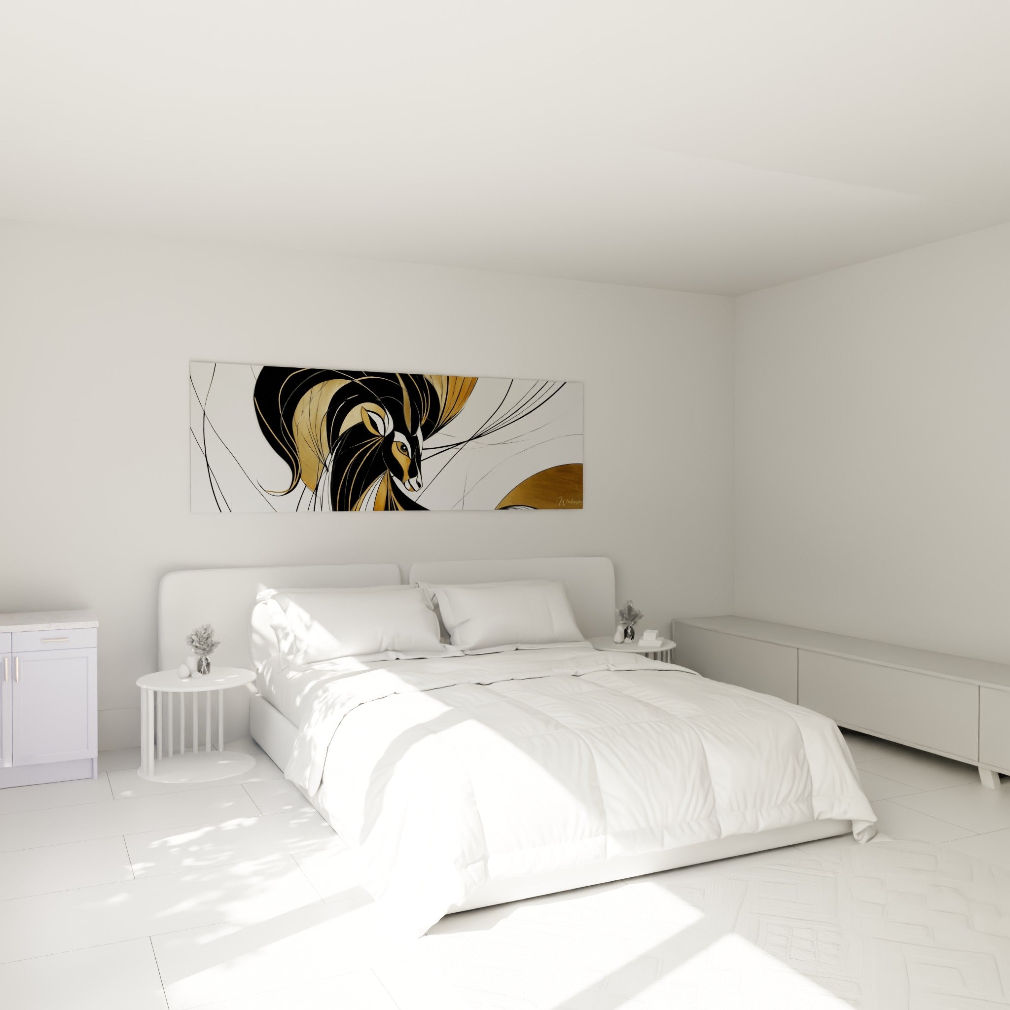 Cornes dorées et traits noirs du Bélier suspendues au-dessus d'un lit dans une chambre claire