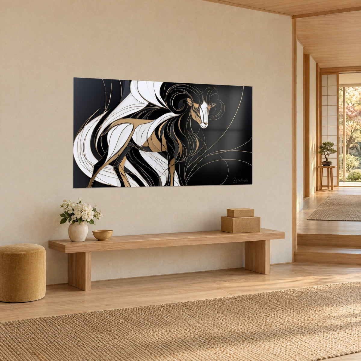 Tableau ovin aux boucles de laine noires et blanches, fins traits dorés sur fond d'encre, banc en bois clair, dans un couloir japandi