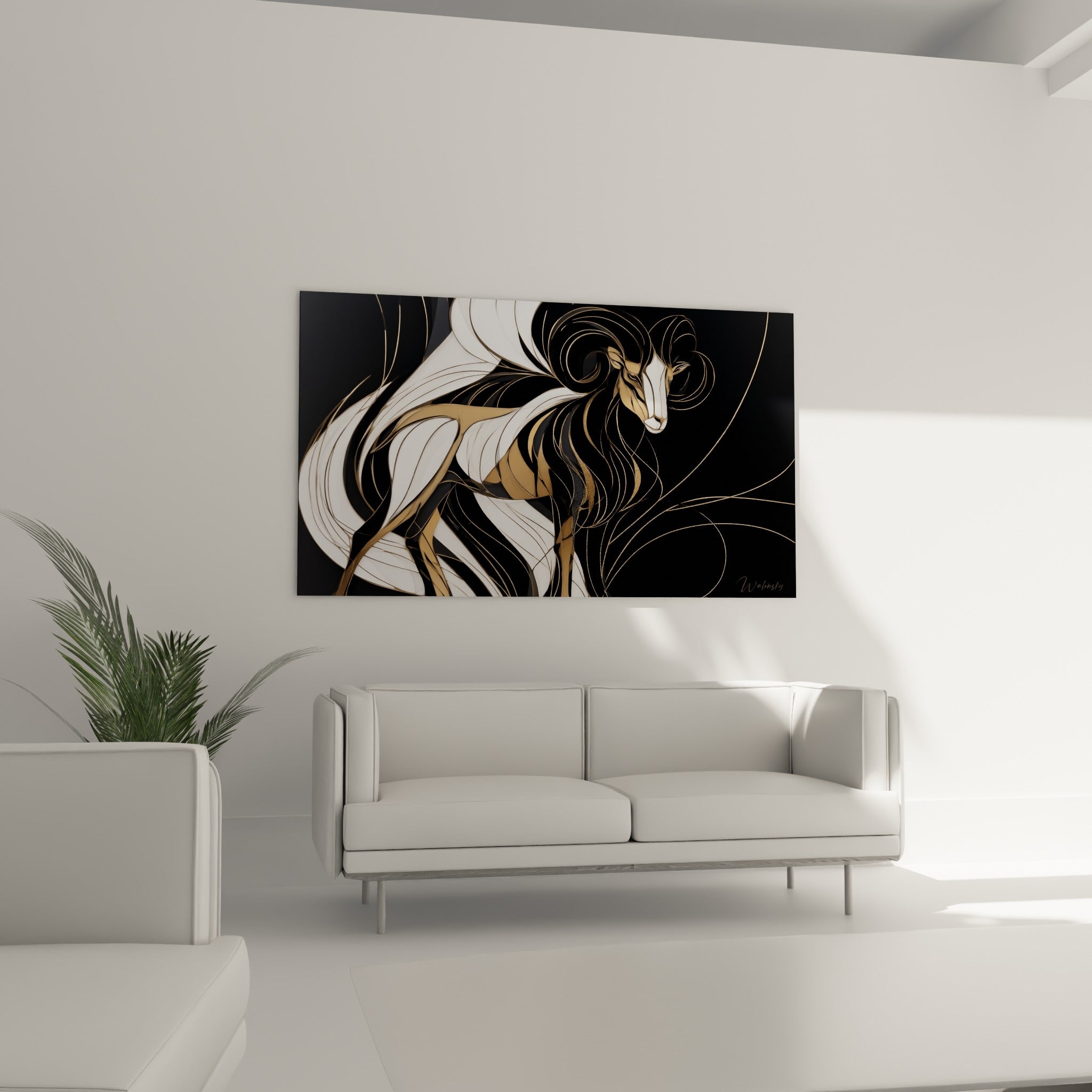 Bélier graphique noir et doré aux courbes fluides au-dessus d'un canapé dans un salon lumineux