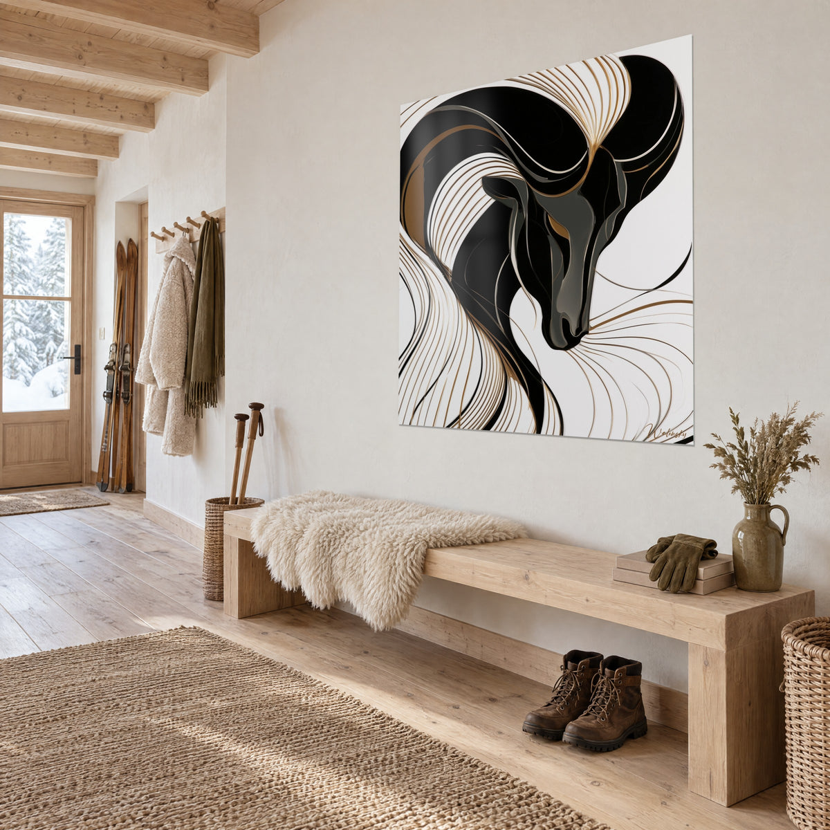 Quadro testa d'ariete in ebano, sottili volute dorate e avorio, appeso vicino a una panca in legno chiaro in un ingresso di chalet