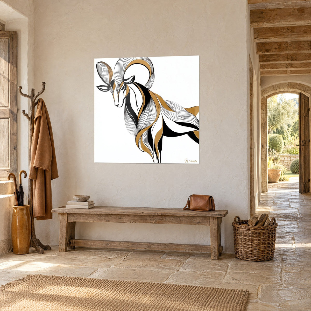 Schilderij van een elegante moeflon in één doorlopende lijn, vacht in oker en zwart op een witte achtergrond, driekwart gehangen naast een stenen boog