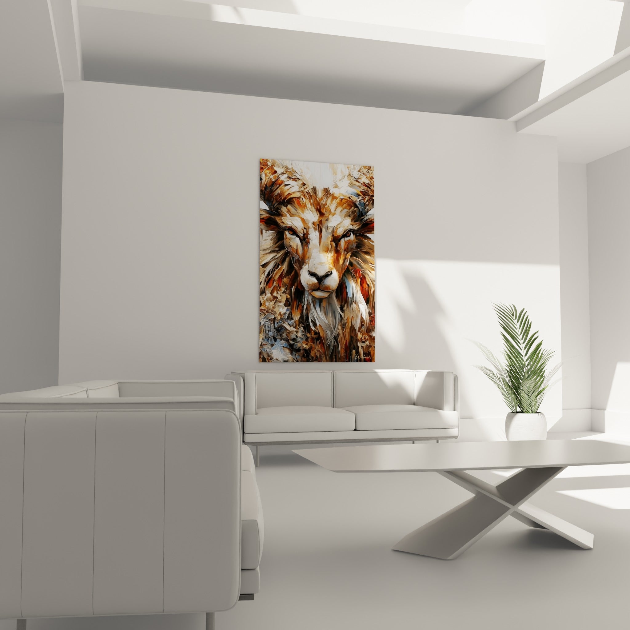 Regard perçant du Bélier aux tons ocre et gris anthracite, disposé au-dessus d'un canapé dans un salon lumineux