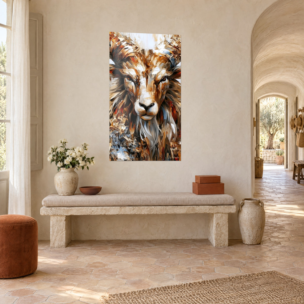 Tableau portrait de mouflon à la barbiche grise, pelage cuivre et ivoire en empâtements, arche et banc en pierre d'un mas provençal