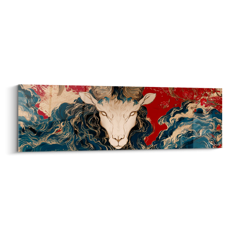 Tableau Bélier ivoire cornes torsadées vagues bleu marine rouge - Gardien des flots - Edition Bélier