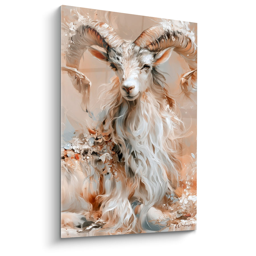 Tableau Bélier blanc et beige crinière soyeuse fluide - Toison immaculée - Edition Bélier