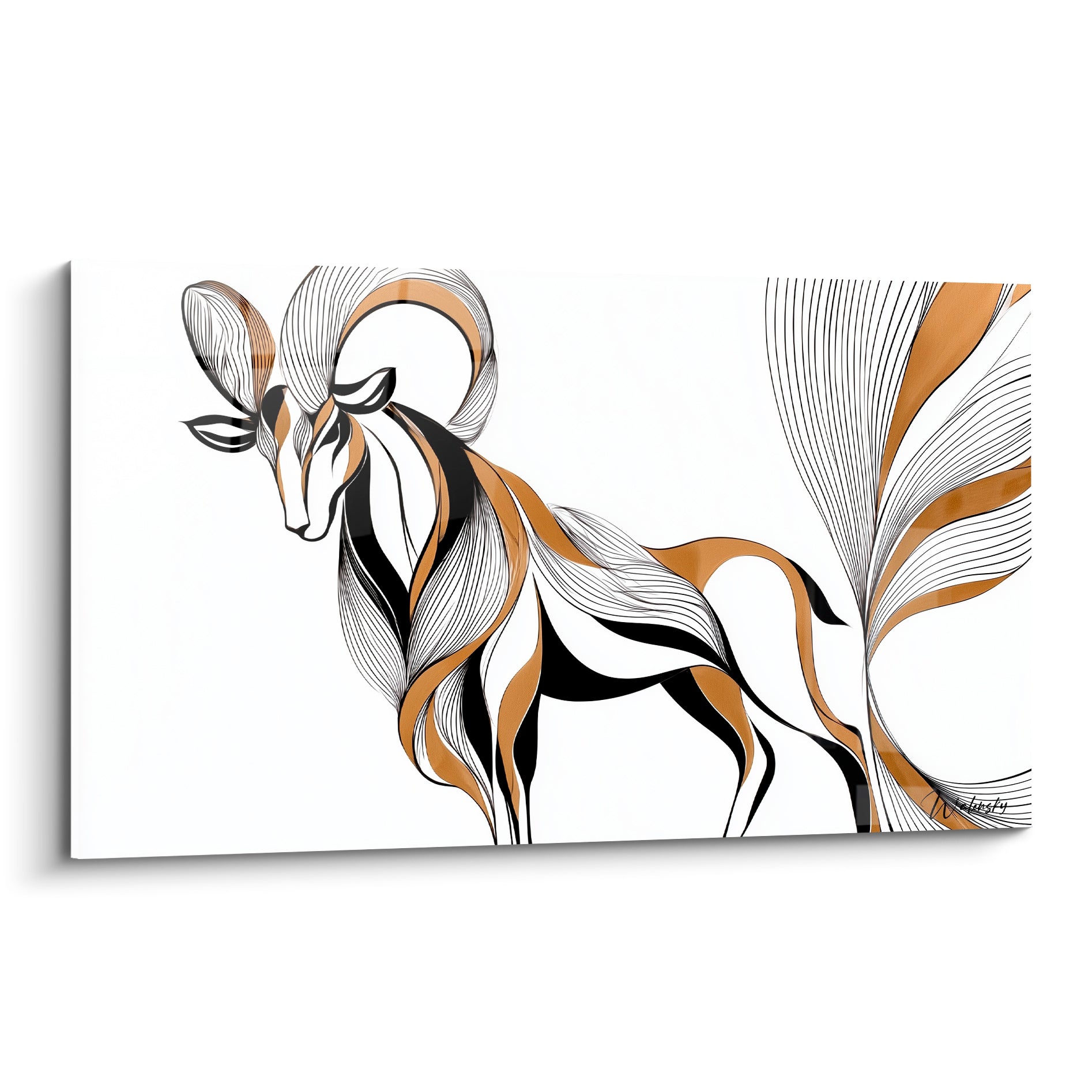 Bélier stylisé en lignes noires et rubans dorés, silhouette filiforme sur fond blanc épuré