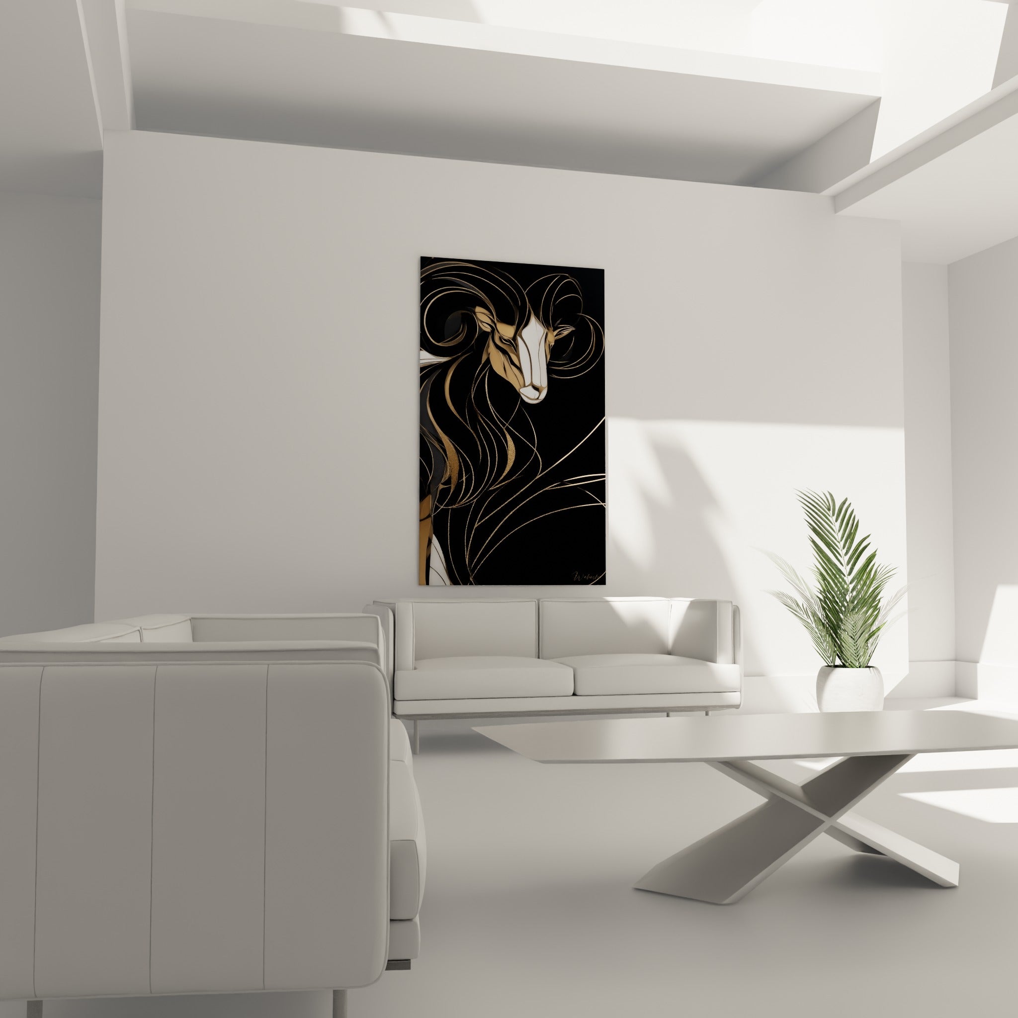 Cornes en volutes beige et blanc du Bélier, suspendues au-dessus d'un canapé dans un salon lumineux