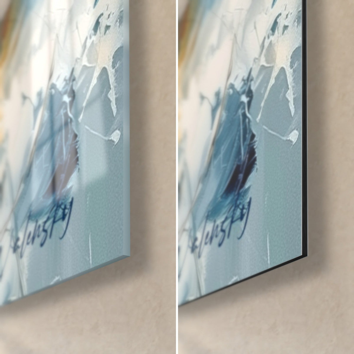 Quadro ariete in blu ardesia e ocra, angolo in basso a destra, firma Walensky, vetro acrilico lucido a sinistra, Dibond nero opaco a destra