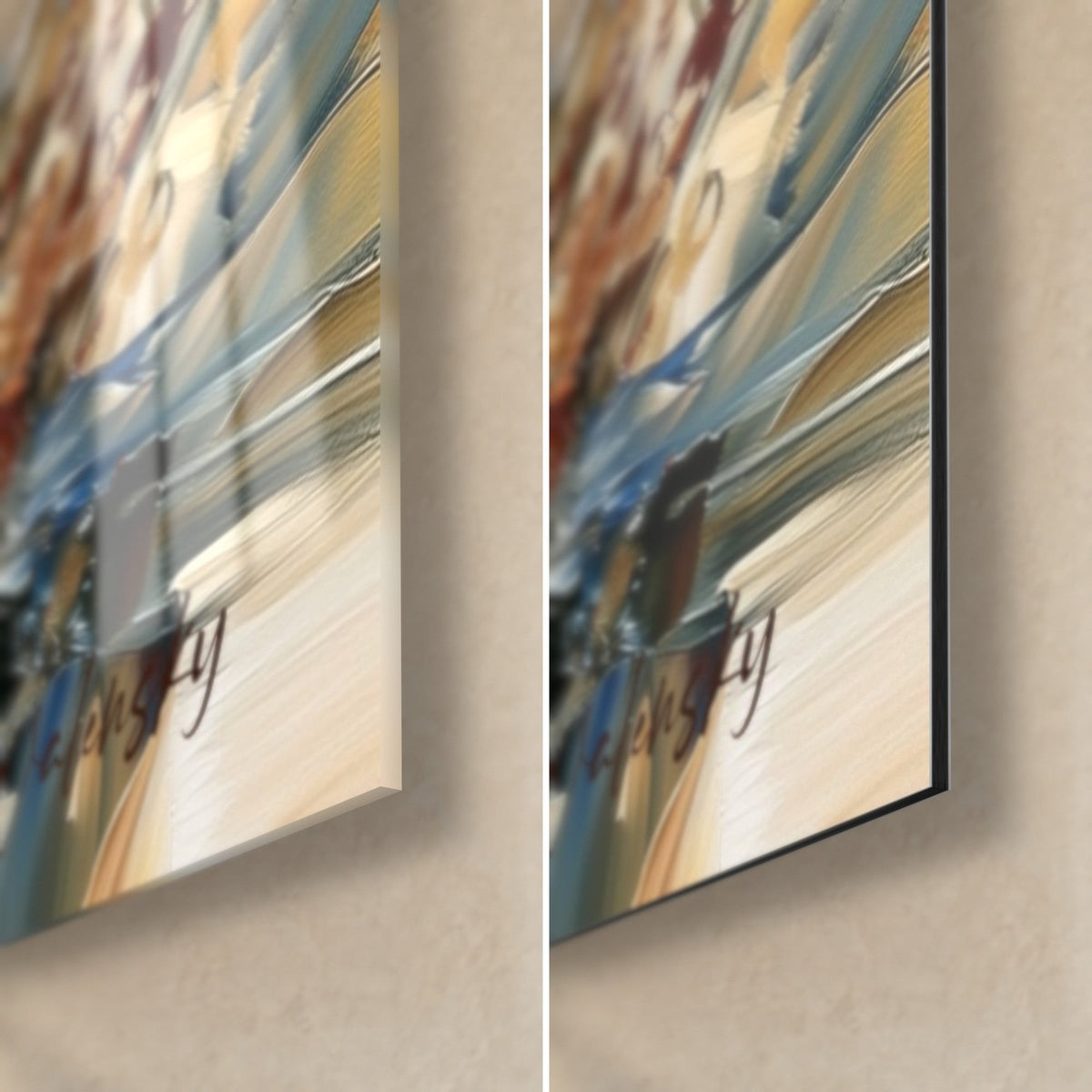 Wall art of a ram in ochre and slate blue, bottom right corner: glossy acrylic glass with reflections on the left, matte black Dibond on the right