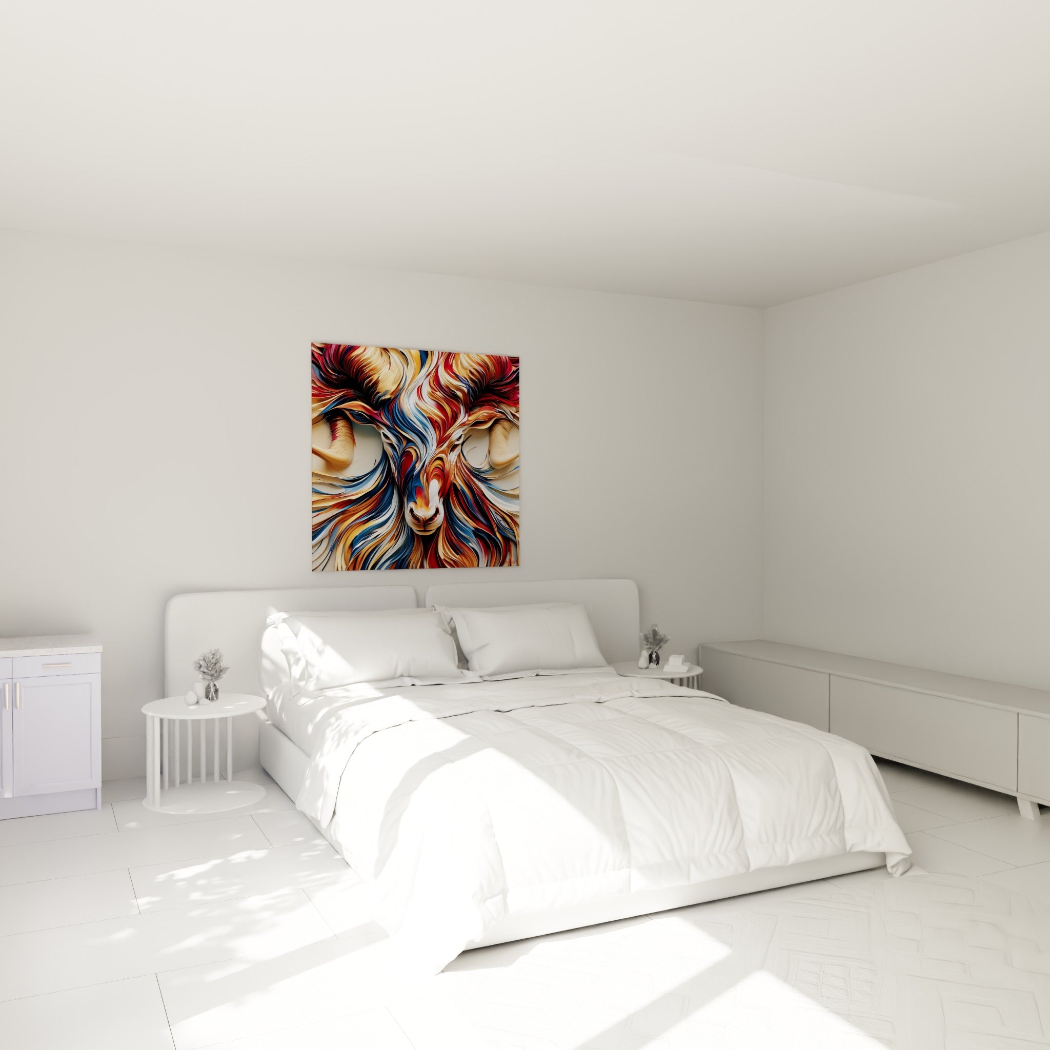 Toison tourbillonnante du Bélier en bleu marine et bordeaux, accrochée au-dessus d'un lit dans une chambre claire