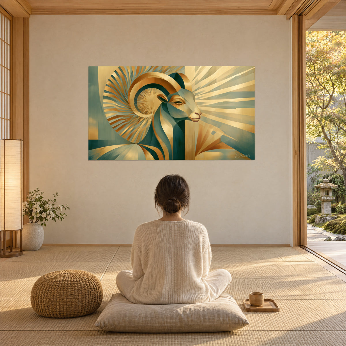 Quadro ariete solare in sfaccettature verde salvia e oro spazzolato, contemplato di spalle da una donna seduta su un cuscino, in un ambiente japandi aperto