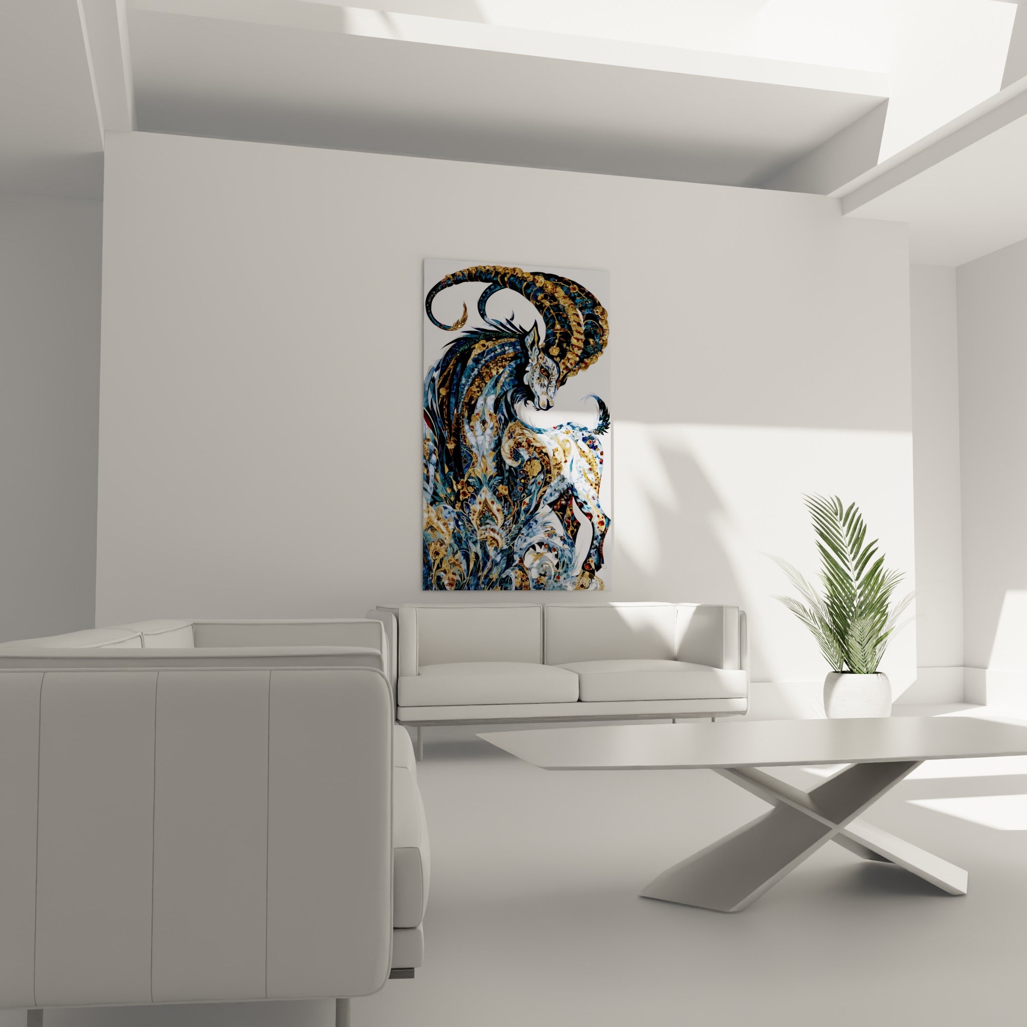 Tête inclinée du bélier ornée de motifs dorés et bleu marine, suspendue au-dessus d'un canapé dans un salon lumineux