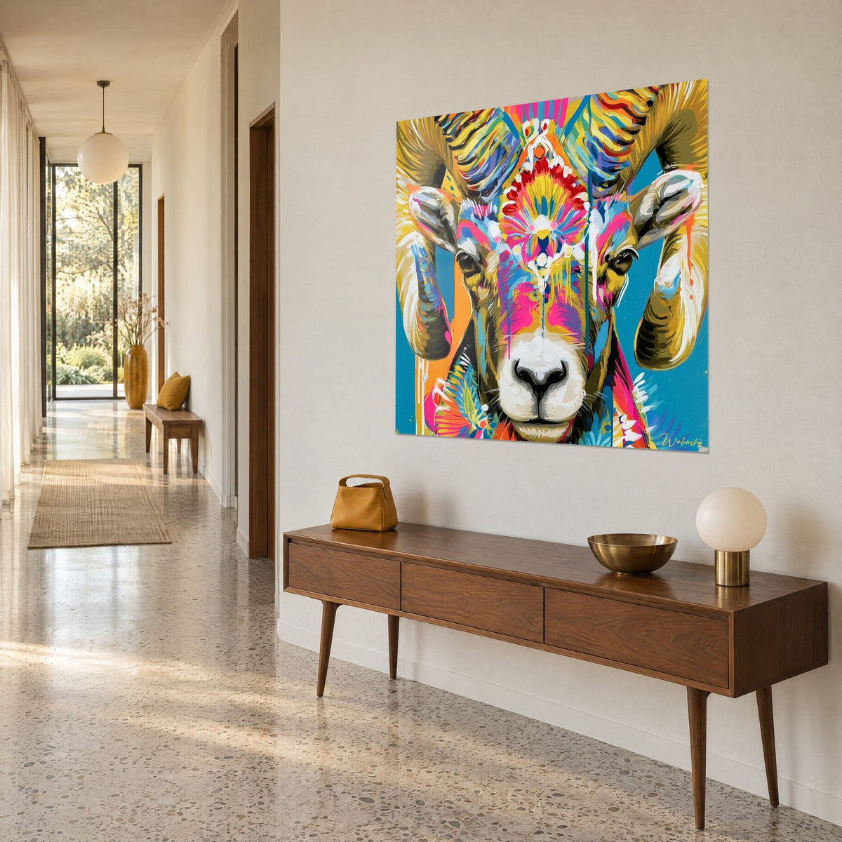 Quadro ritratto di pecora dalle corna arricciate giallo senape, muso bianco, schizzi fucsia, appeso a una parete beige sopra una credenza in noce