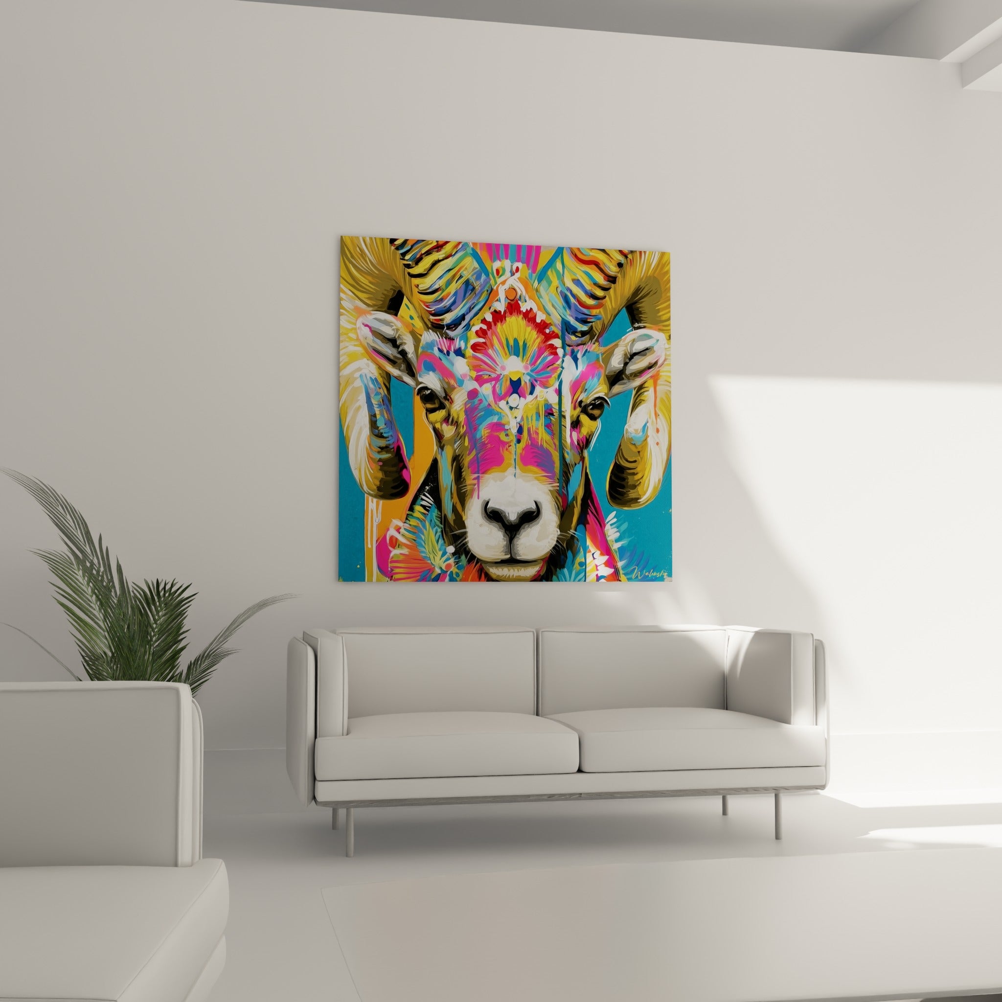 Motif floral rouge et jaune sur le front du Bélier au-dessus d'un canapé dans un salon lumineux