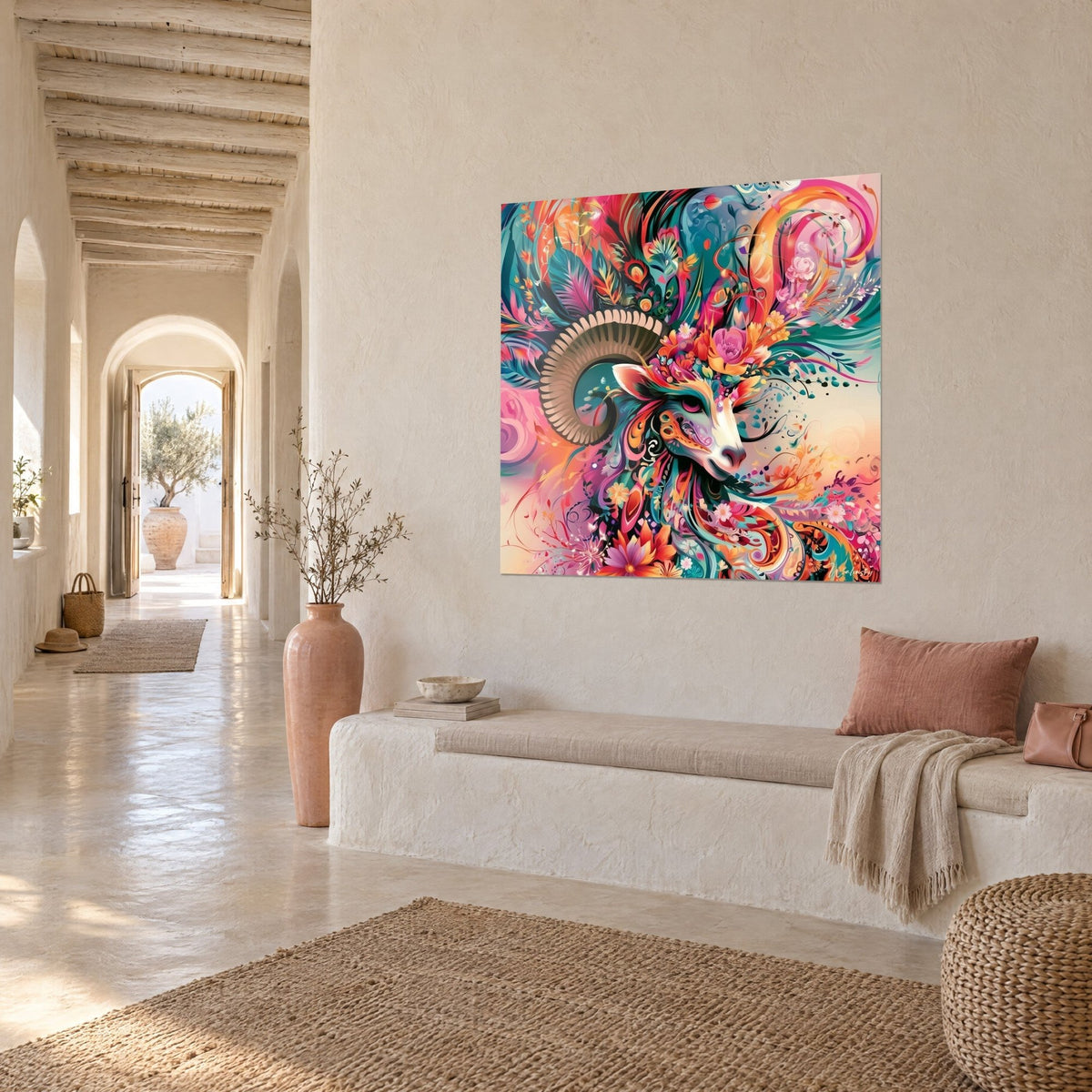 Schilderij rammenkop getooid met roze pioenrozen en turquoise veren, driekwartaanzicht in een gang met bogen