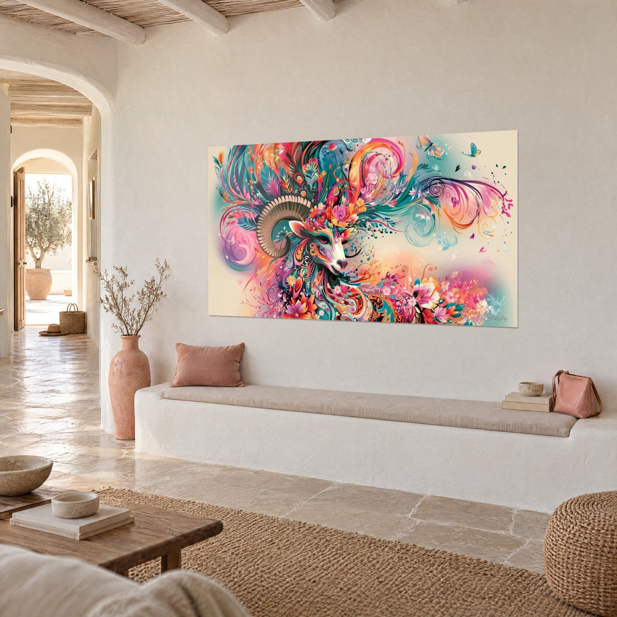 Tableau tête de bélier ornée de volutes roses et turquoise, papillons en vol, vue de trois-quarts sur un mur crème de maison méditerranéenne