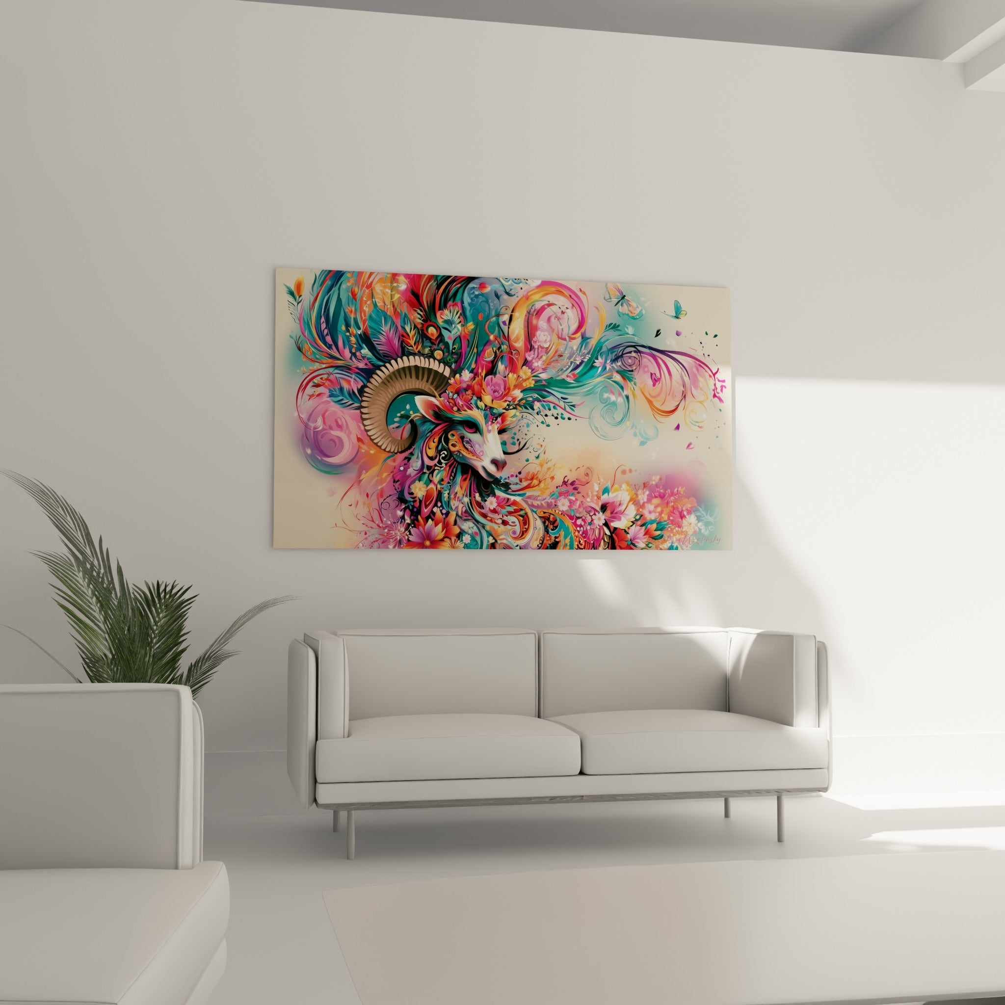 Cornes enroulées et fleurs orange vif du bélier, au-dessus d'un canapé dans un salon lumineux