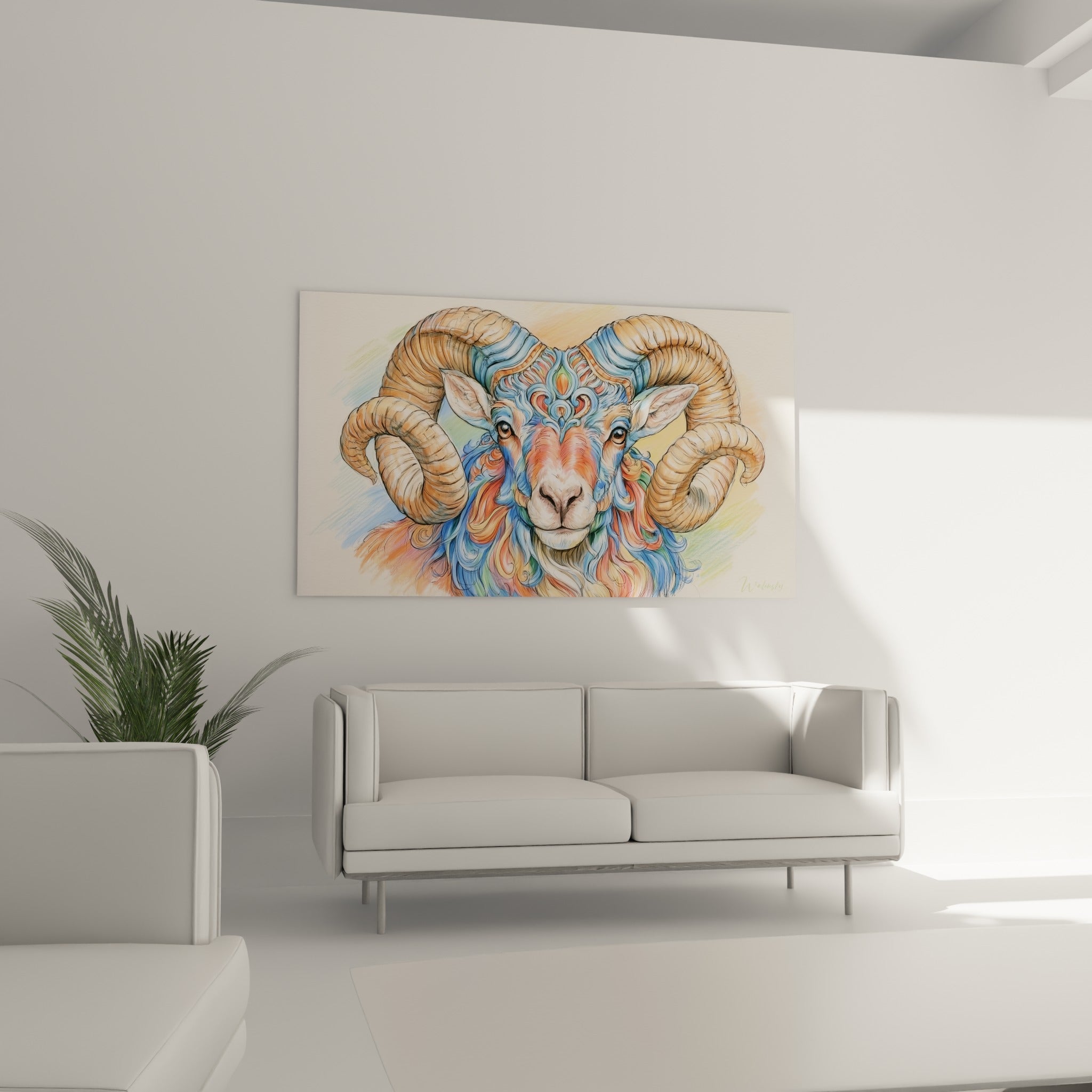 Motifs ornementaux bleu pastel et orangé ornant le front du Bélier, au-dessus d'un canapé dans un salon lumineux