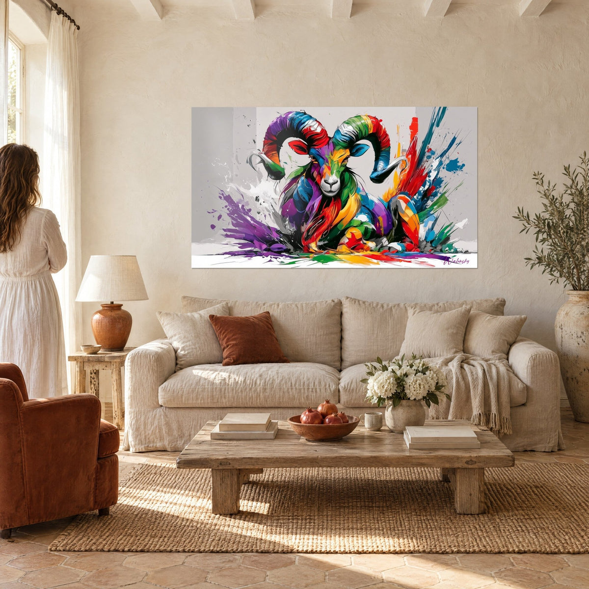 Cuadro carnero de cuernos espiralados en violeta, rojo y verde, que brotan en salpicaduras azules sobre un sofá en un salón luminoso