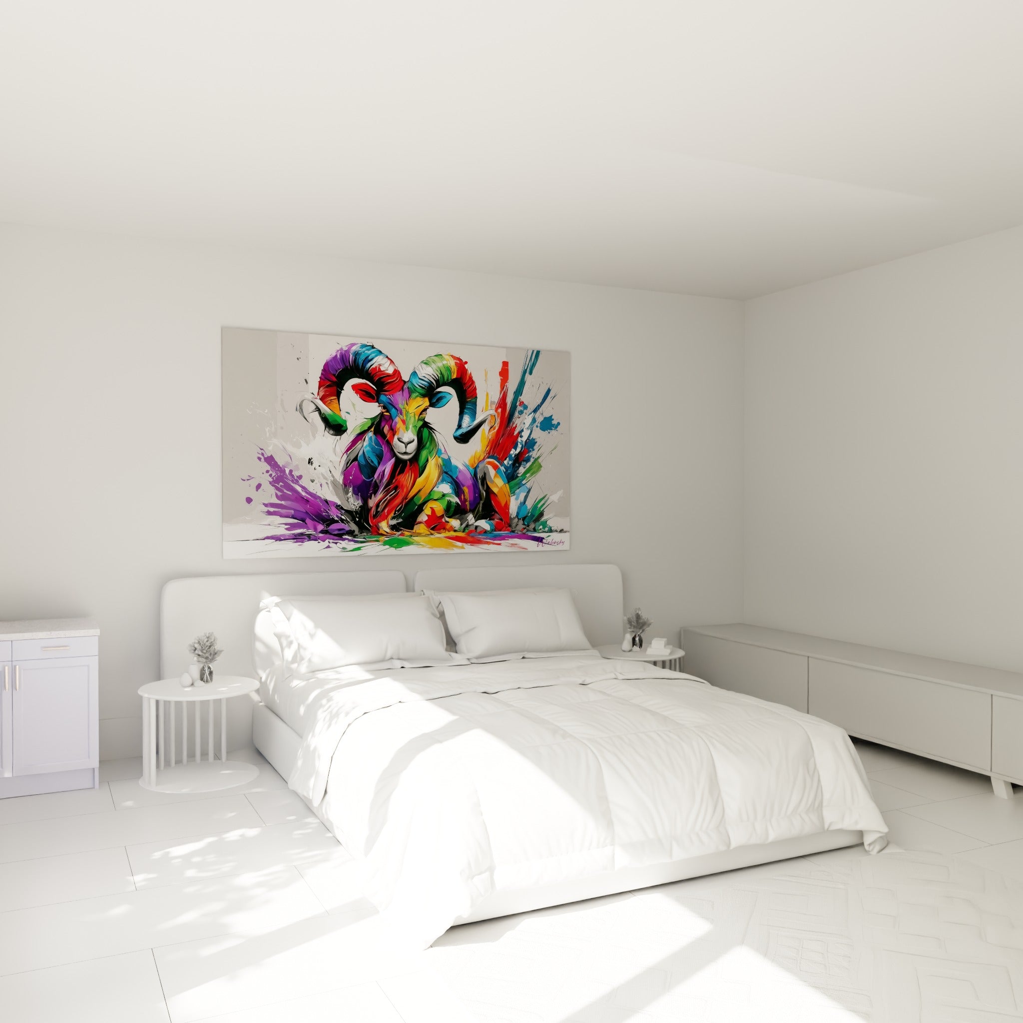 Cornes recourbées et pelage multicolore du Bélier accrochés au-dessus d'un lit dans une chambre claire