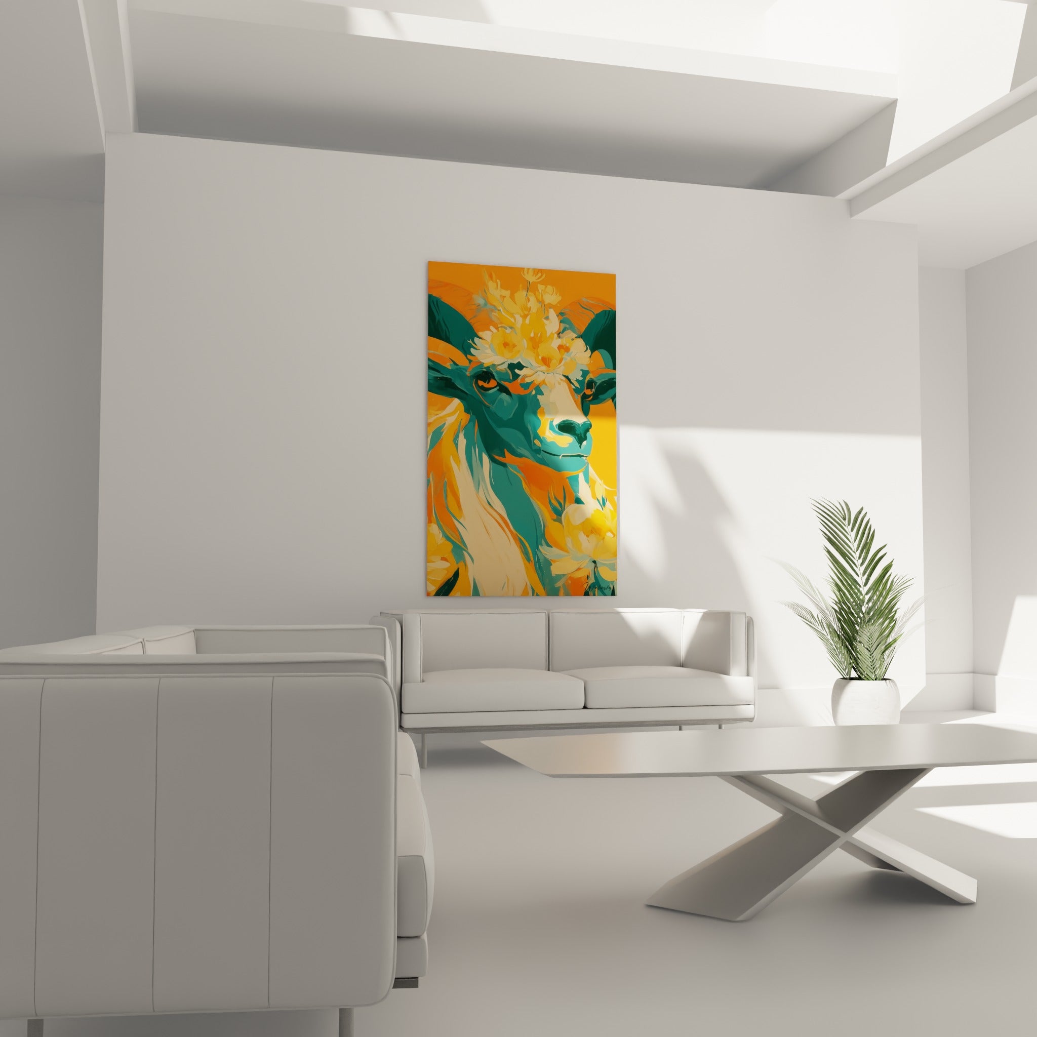 Museau beige et regard perçant du Bélier orange au-dessus d'un canapé dans un salon lumineux