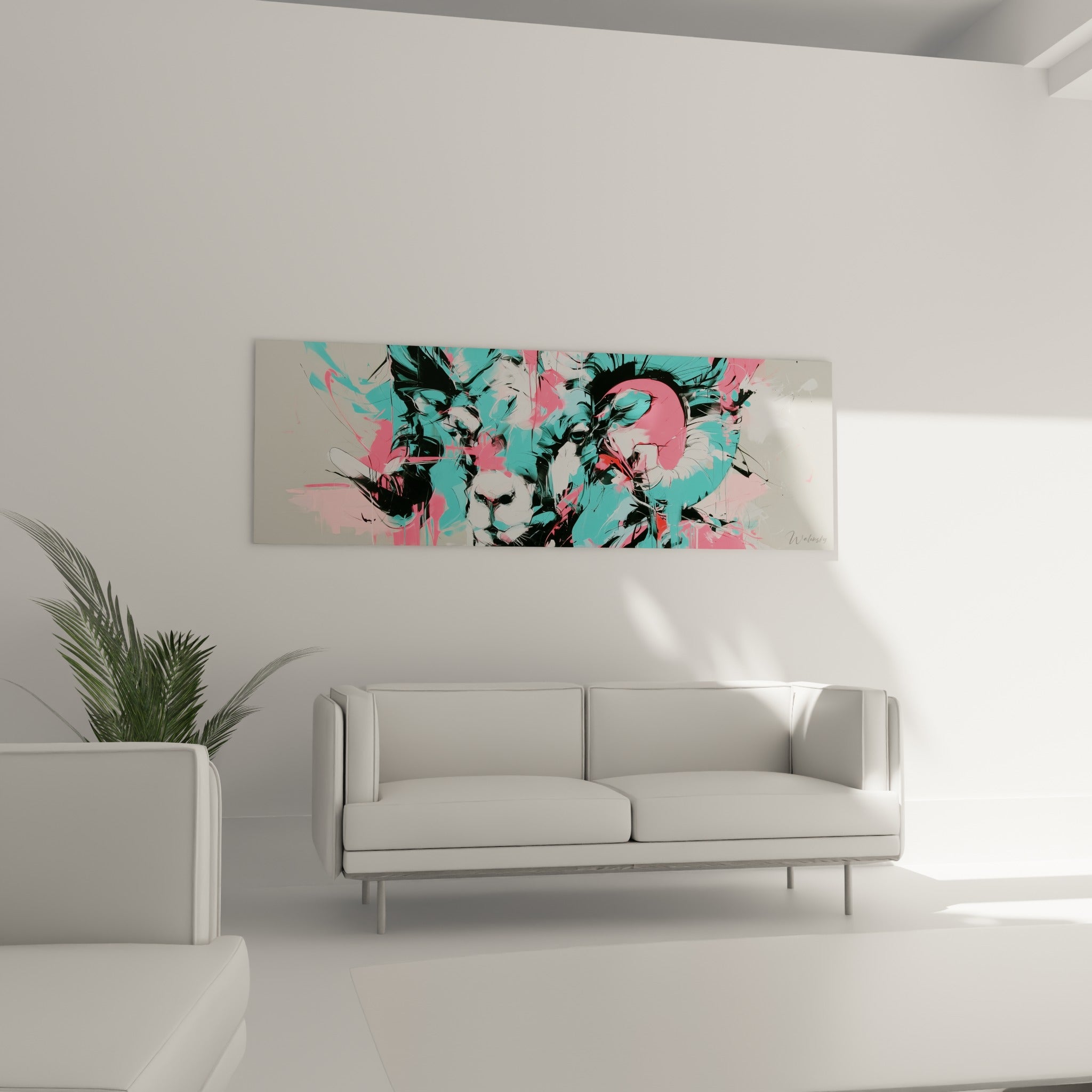 Museau blanc et regard sombre du bélier graphique au-dessus d'un canapé dans un salon lumineux