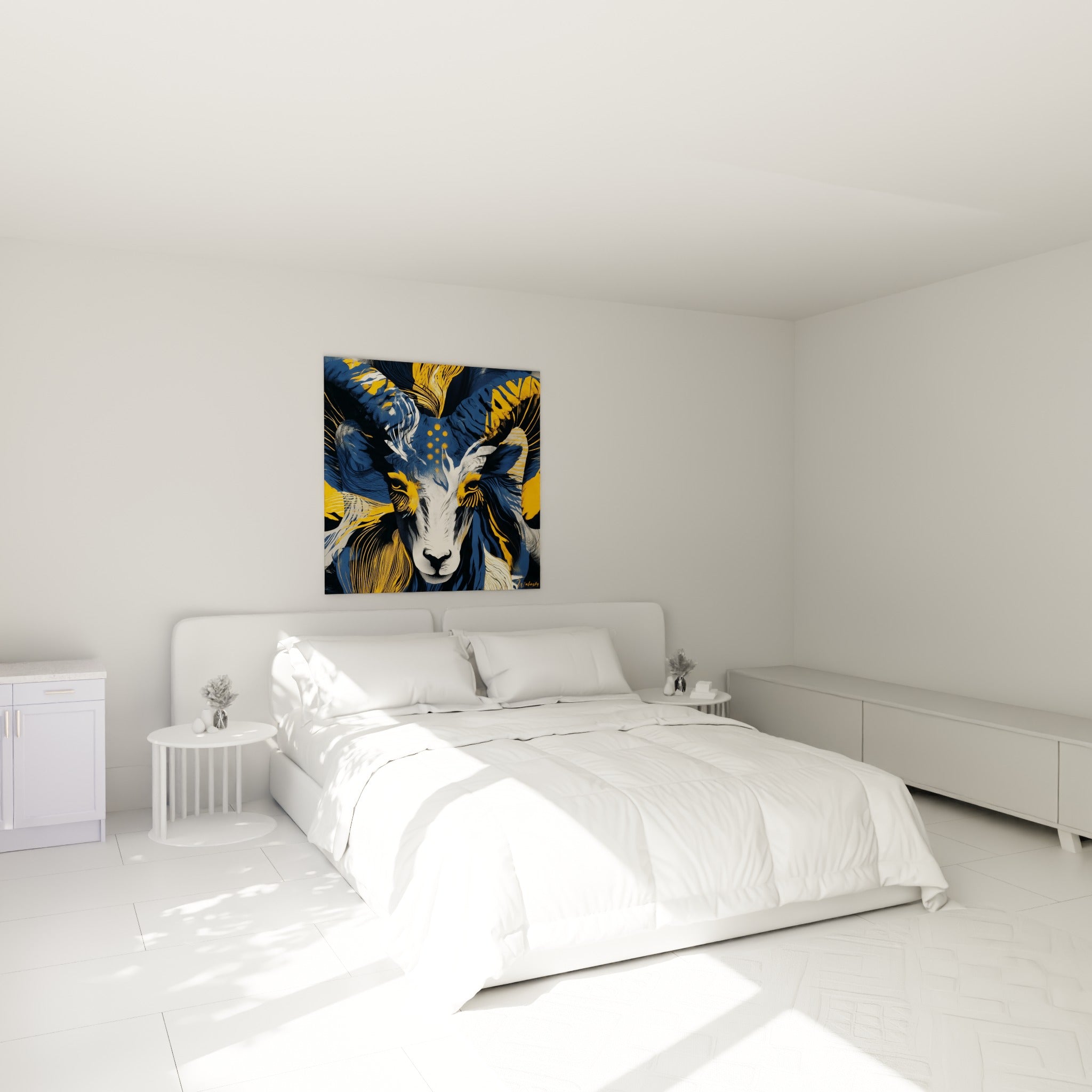 Cornes orangées et museau blanc du Bélier accrochés au-dessus d'un lit dans une chambre claire