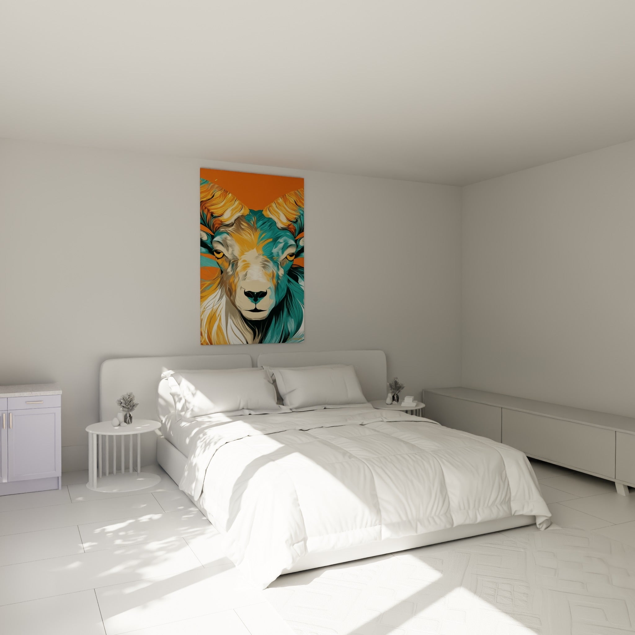 Cornes torsadées orange et visage turquoise du bélier, au-dessus d'un lit dans une chambre claire