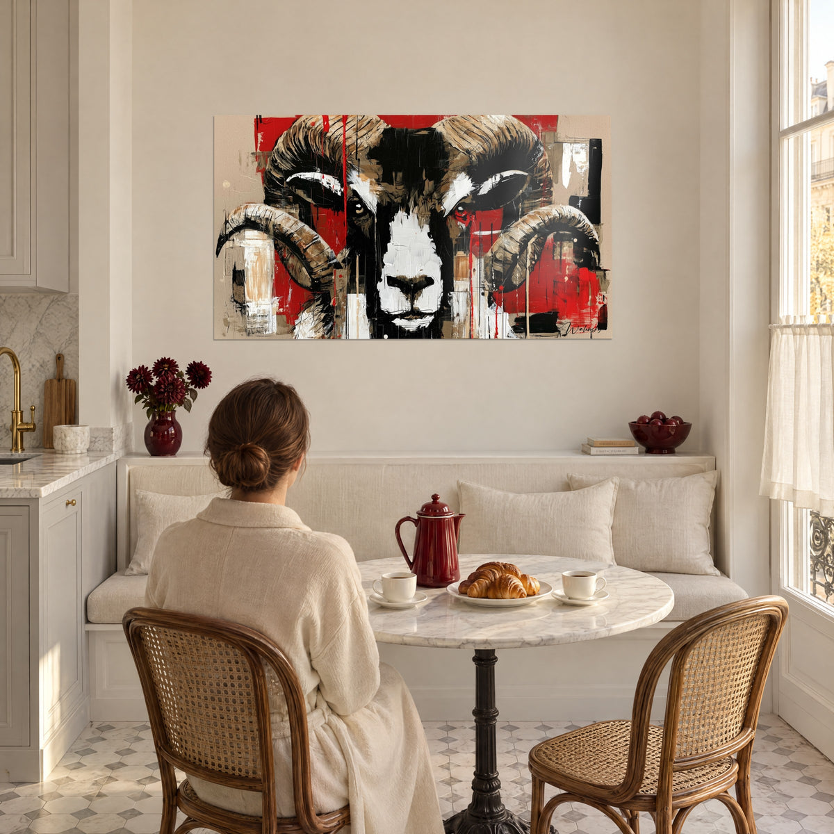 Gemälde gehörntes Tier mit weißer Schnauze, dicke schwarze Linien, rote und beige Lichtpunkte, gegenüber einer Essecke in einer Altbauwohnung