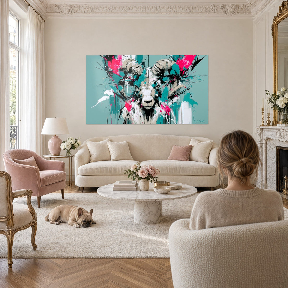 Schilderij ram met spiraalvormige hoorns, fuchsia spetters op turquoise achtergrond, vrouw en bulldog, boven een bank in een lichte woonkamer