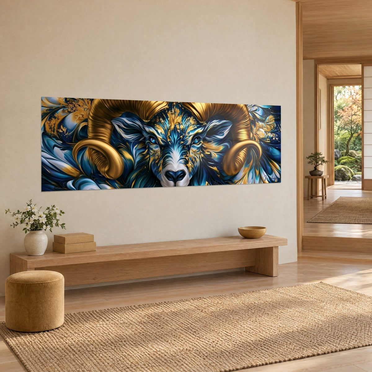 Quadro testa di ariete dagli occhi azzurri, spirali dorate e onde cobalto, appeso a una parete beige accanto a una panca in legno