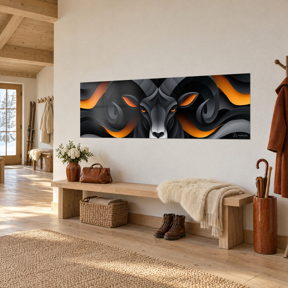 Gemälde symmetrischer Widderkopf mit grauen und orangefarbenen Wellen, über einer Holzbank im Eingangsbereich eines Chalets