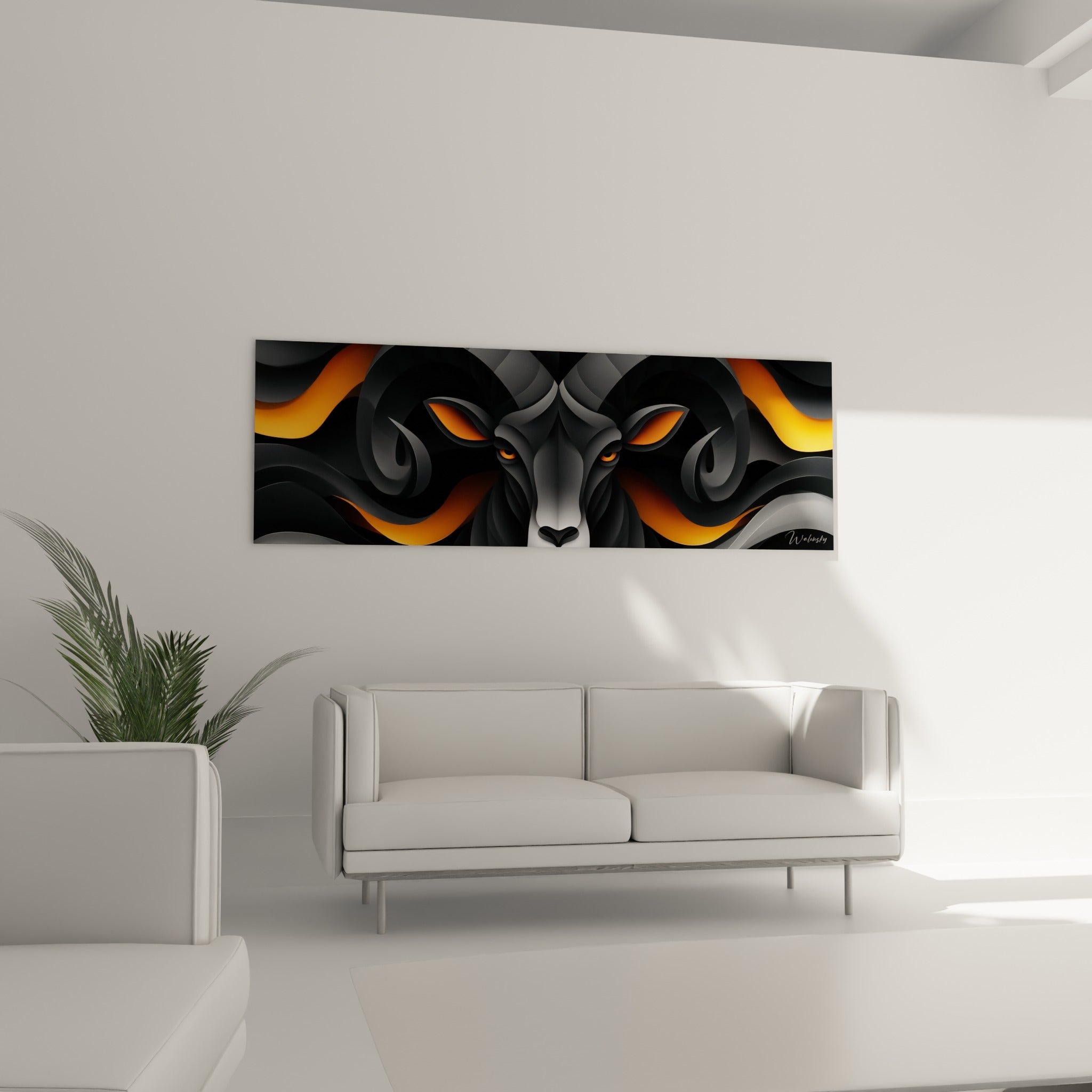Museau blanc et flammes orange encadrant le Bélier graphique noir, au-dessus d'un canapé dans un salon lumineux
