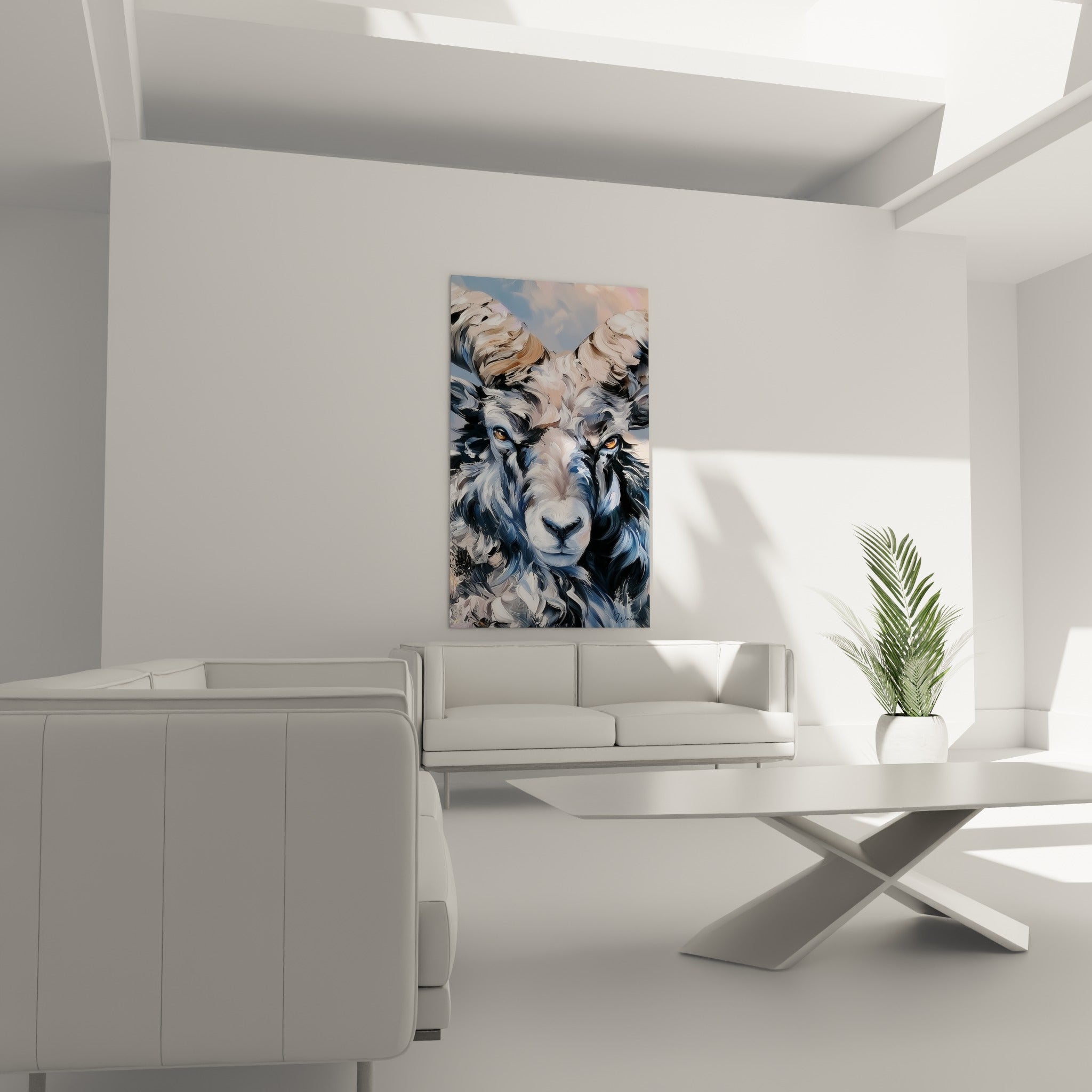 Museau blanc et fourrure anthracite du Bélier au fond rose pastel, au-dessus d'un canapé dans un salon lumineux