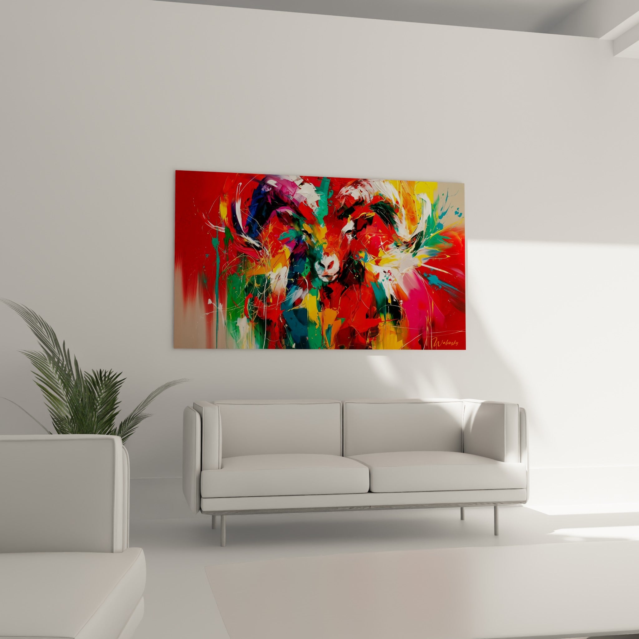 Museau blanc et rouge du Bélier saisi dans un geste pictural vif, au-dessus d'un canapé dans un salon lumineux