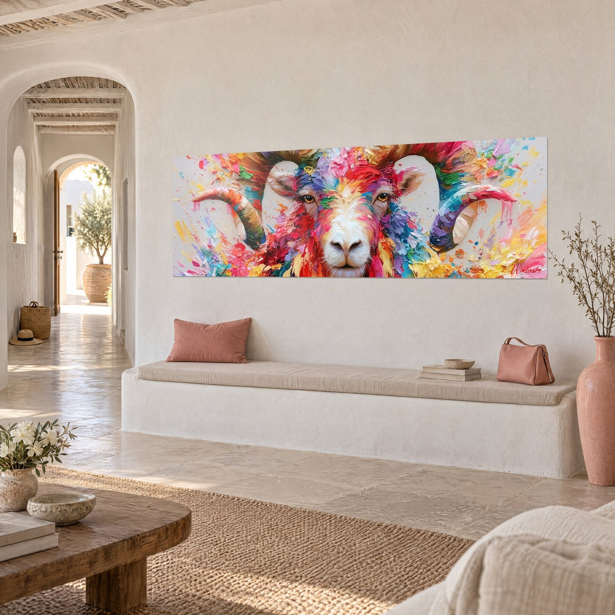 Schilderij schapenkop met krulhoorns, zonnig geel en fel oranje spatten, op een witte muur van een Mediterraans huis
