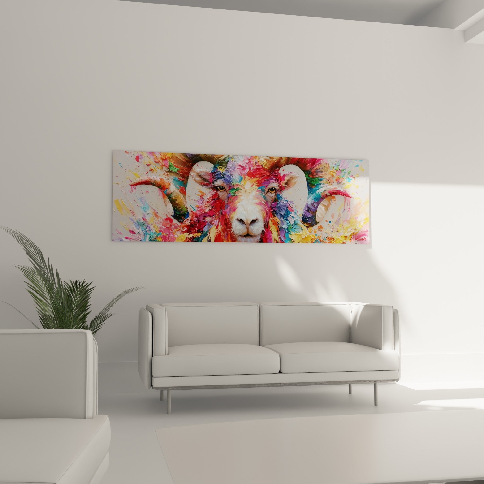 Museau blanc et pelage doré du bélier positionné au-dessus d'un canapé dans un salon lumineux