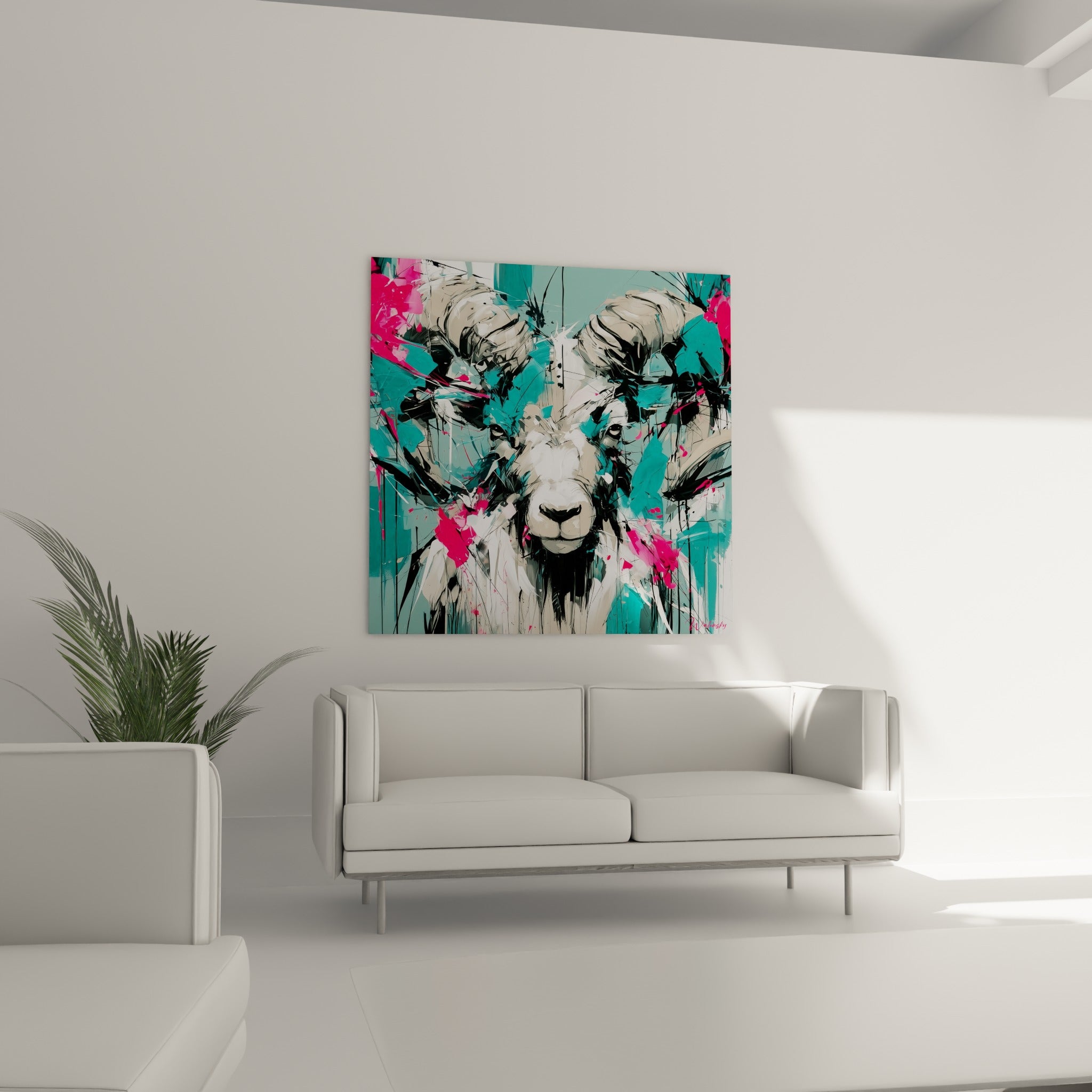 Museau blanc du Bélier cerné de coulures noires et roses au-dessus d'un canapé dans un salon lumineux