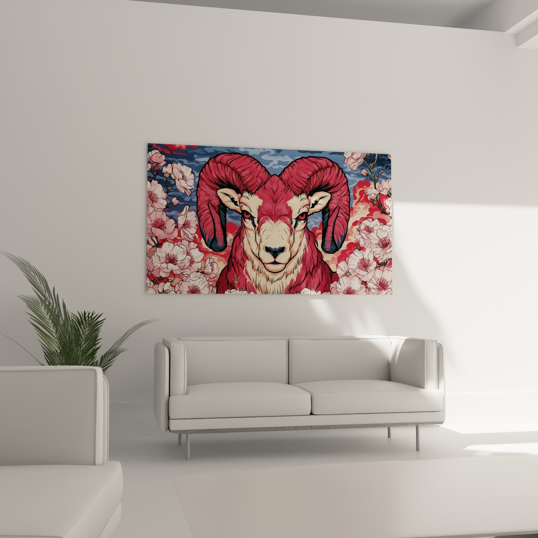 Museau crème et yeux intenses du Bélier entouré de pétales roses, au-dessus d'un canapé dans un salon lumineux