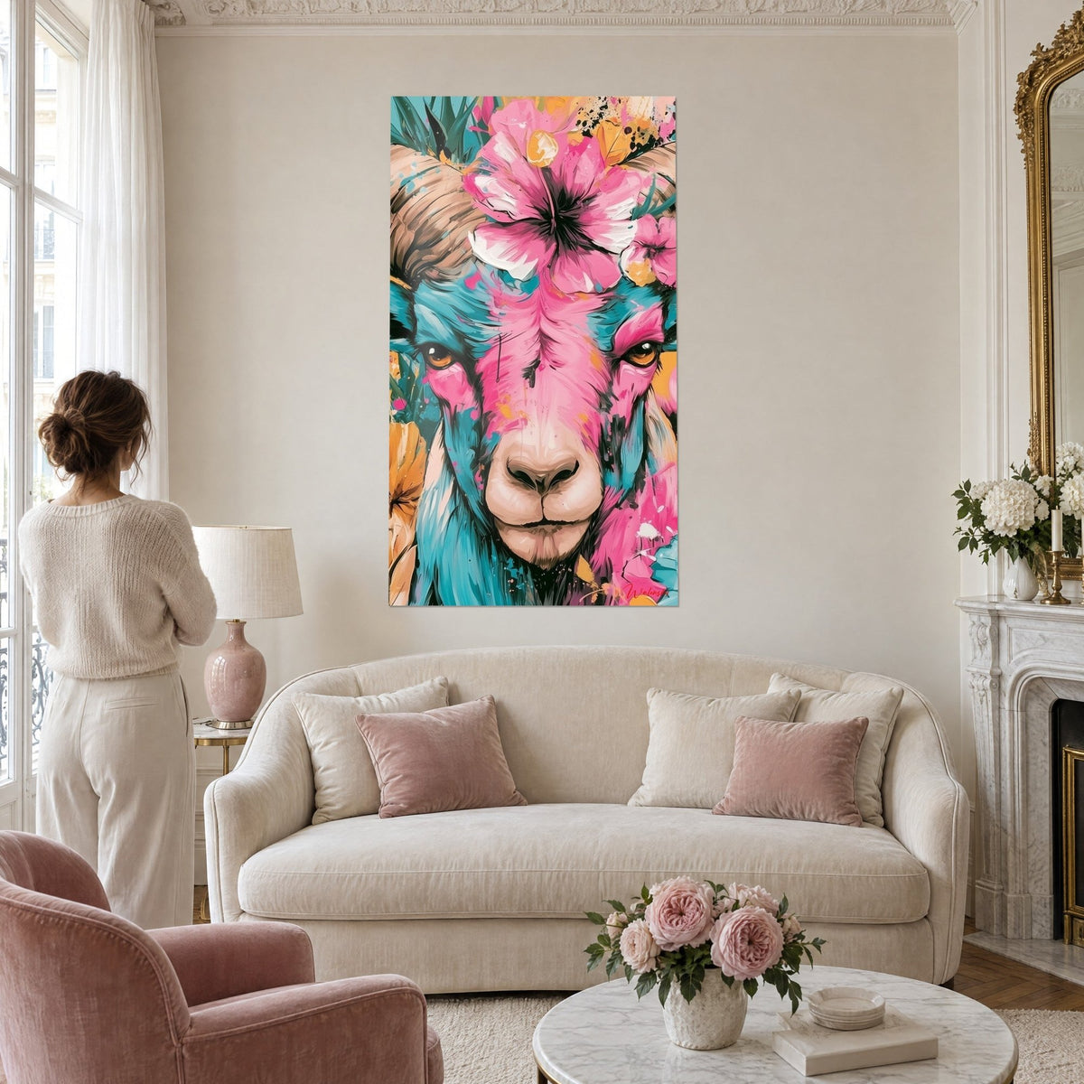 Schilderij ram met een roze hibiscusbloem op het voorhoofd, beige snuit en bruine hoorns, boven een bank in een lichte woonkamer