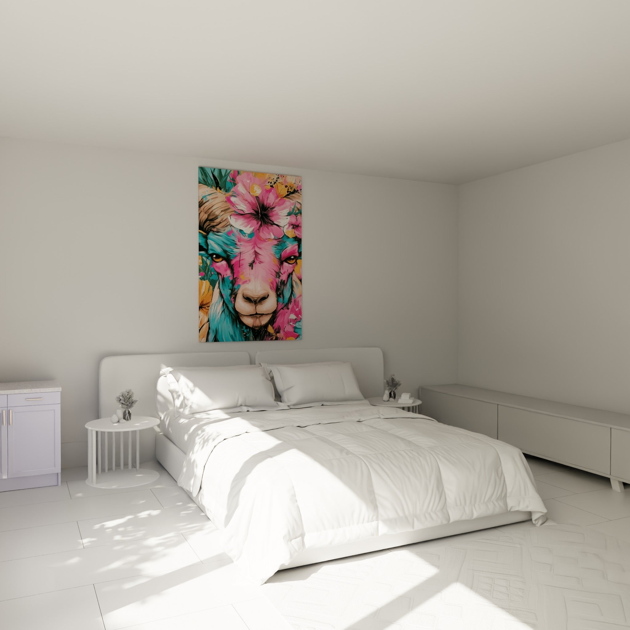Museau doré du bélier entouré de rose et turquoise, accroché au-dessus d'un lit dans une chambre claire
