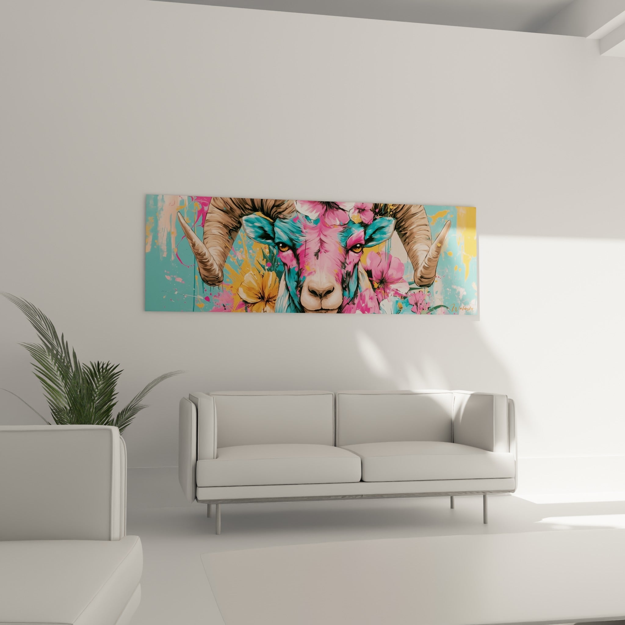 Museau clair et pelage rose fuchsia d'un bélier fleuri, au-dessus d'un canapé dans un salon lumineux