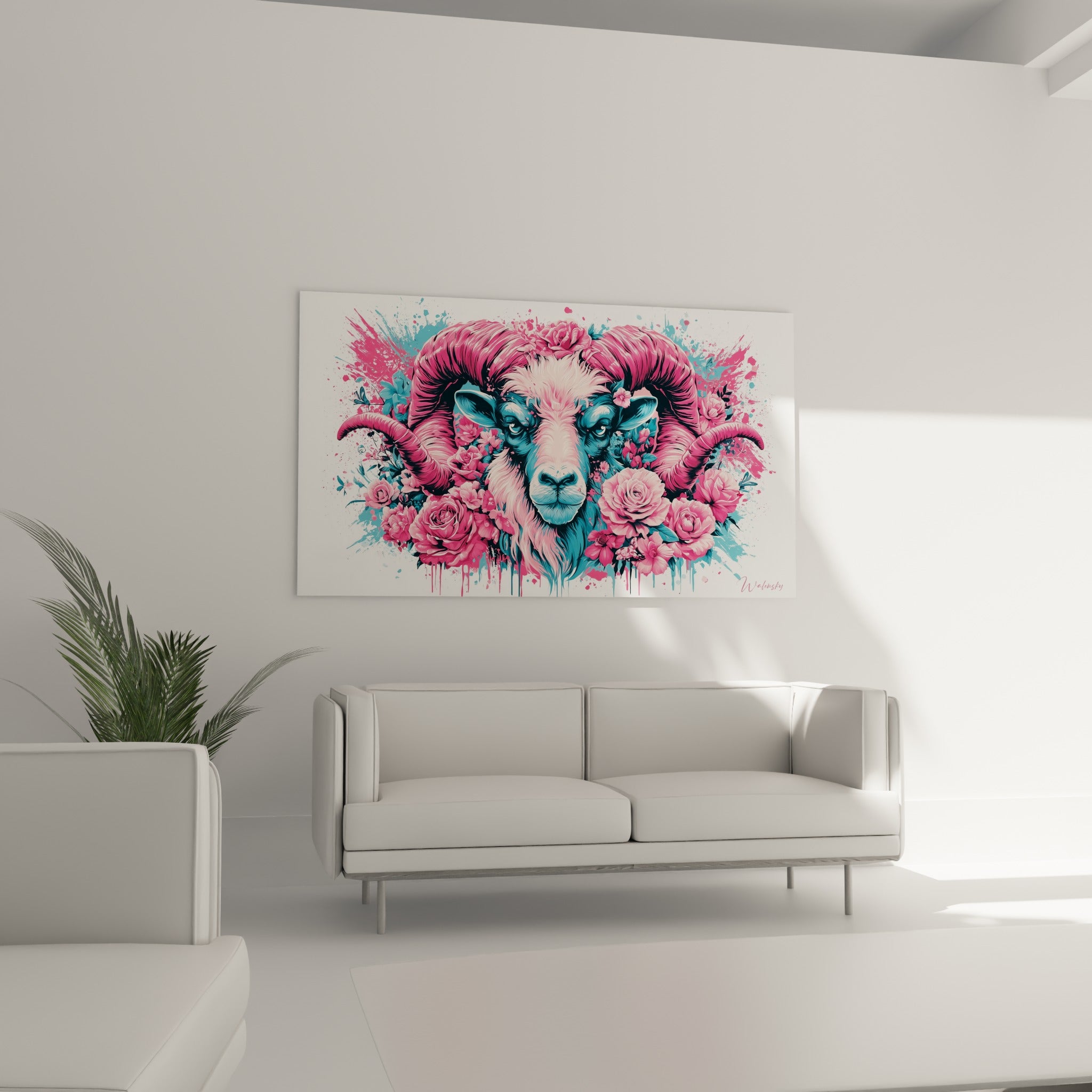 Museau rose pâle et roses fuchsia du Bélier disposés au-dessus d'un canapé dans un salon lumineux