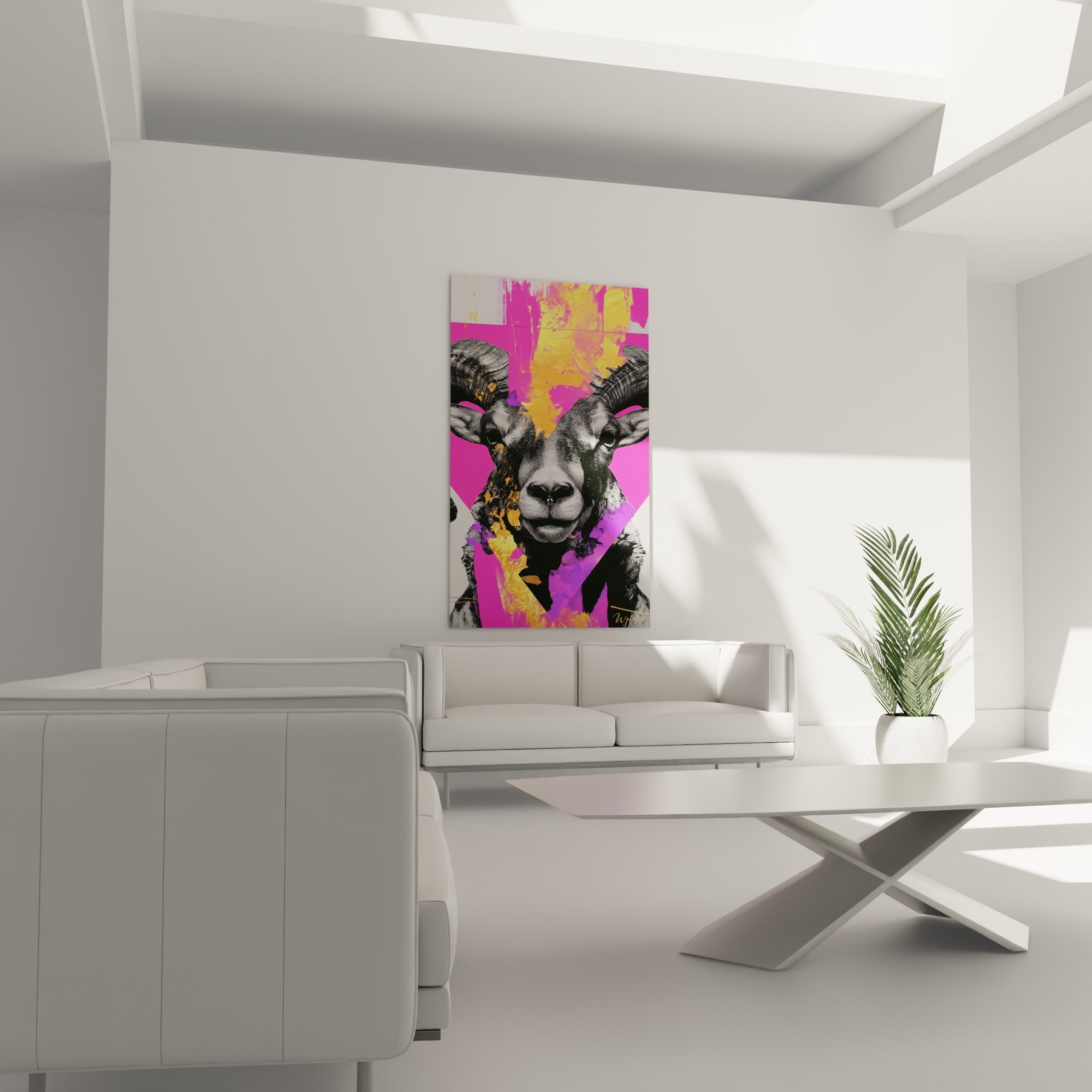 Museau noir et blanc du bélier cerné de touches violettes et jaunes, au-dessus d'un canapé dans un salon lumineux